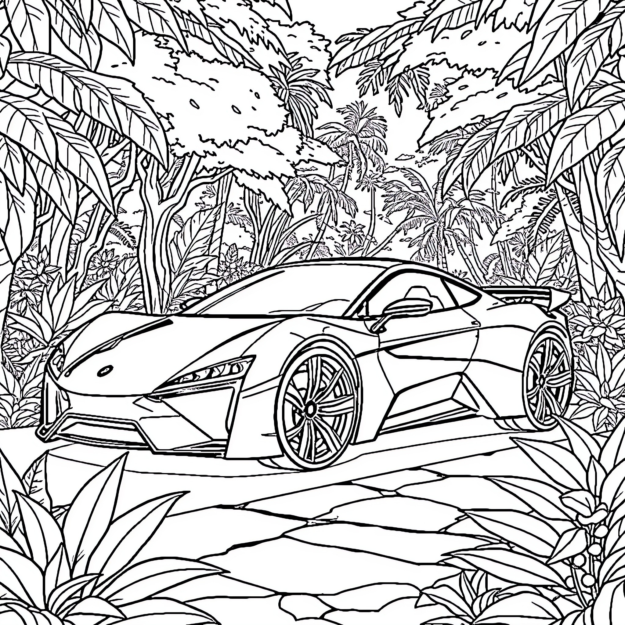 Car in a tropical jungle landscape Coloring Page (free black-and-white line drawing printable PDF for all, from beginners to advanced learners, including children, teens, adults, and seniors)