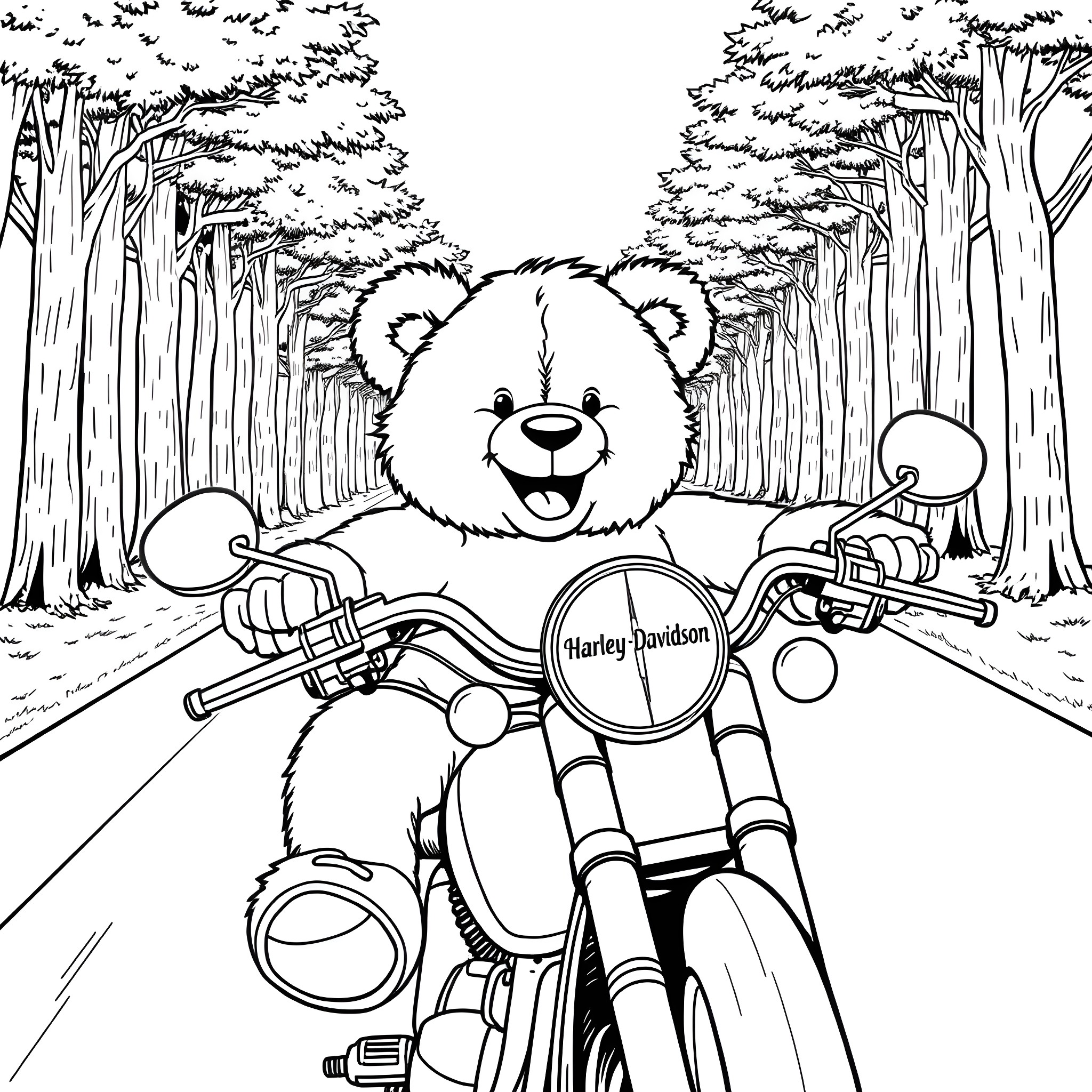 Teddy Bear riding a motorcycle through the forest Coloring Page (free black-and-white line drawing printable PDF for all, from beginners to advanced learners, including children, teens, adults, and seniors)