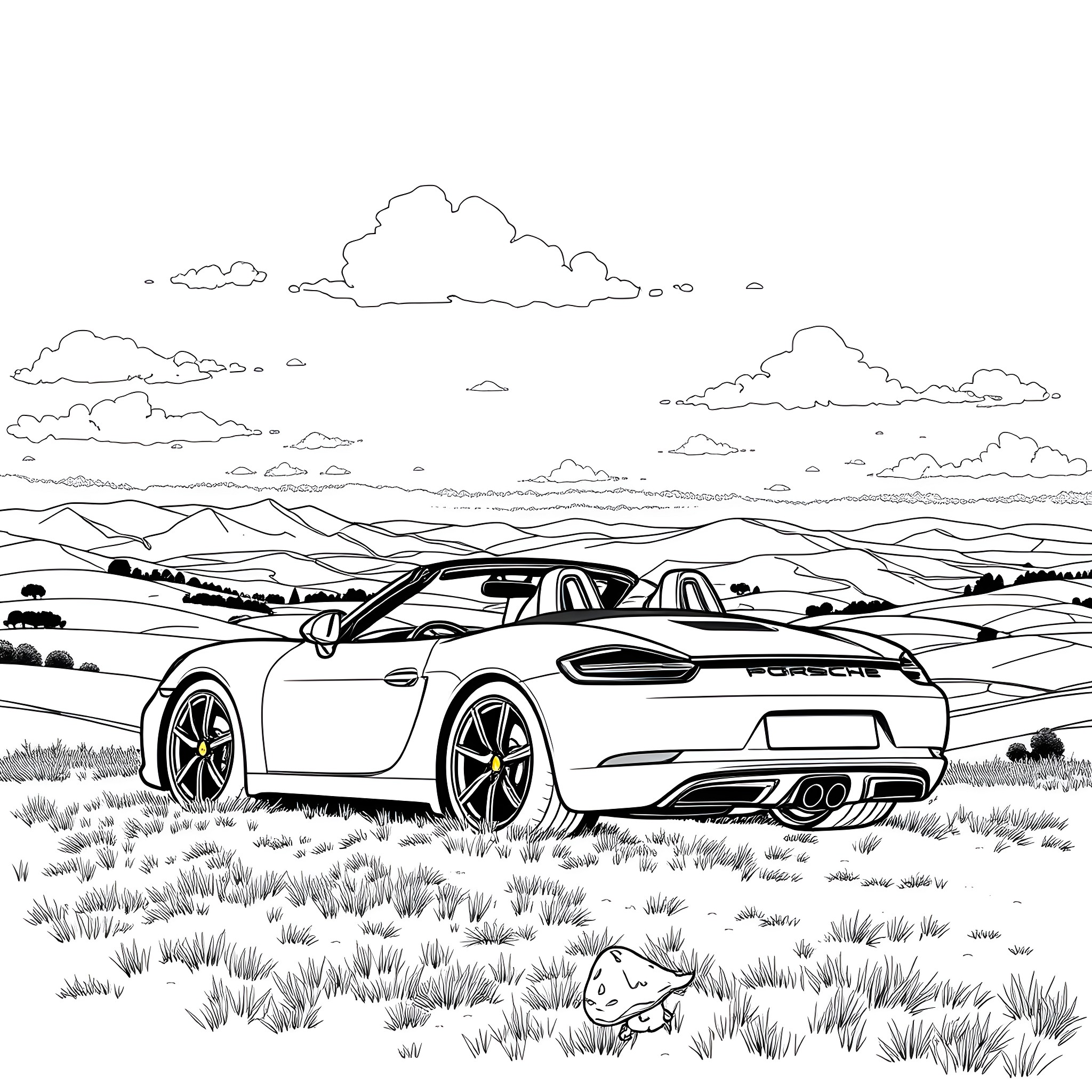 Porsche sports car in scenic countryside landscape Coloring Page (free black-and-white line drawing printable PDF for all, from beginners to advanced learners, including children, teens, adults, and seniors)
