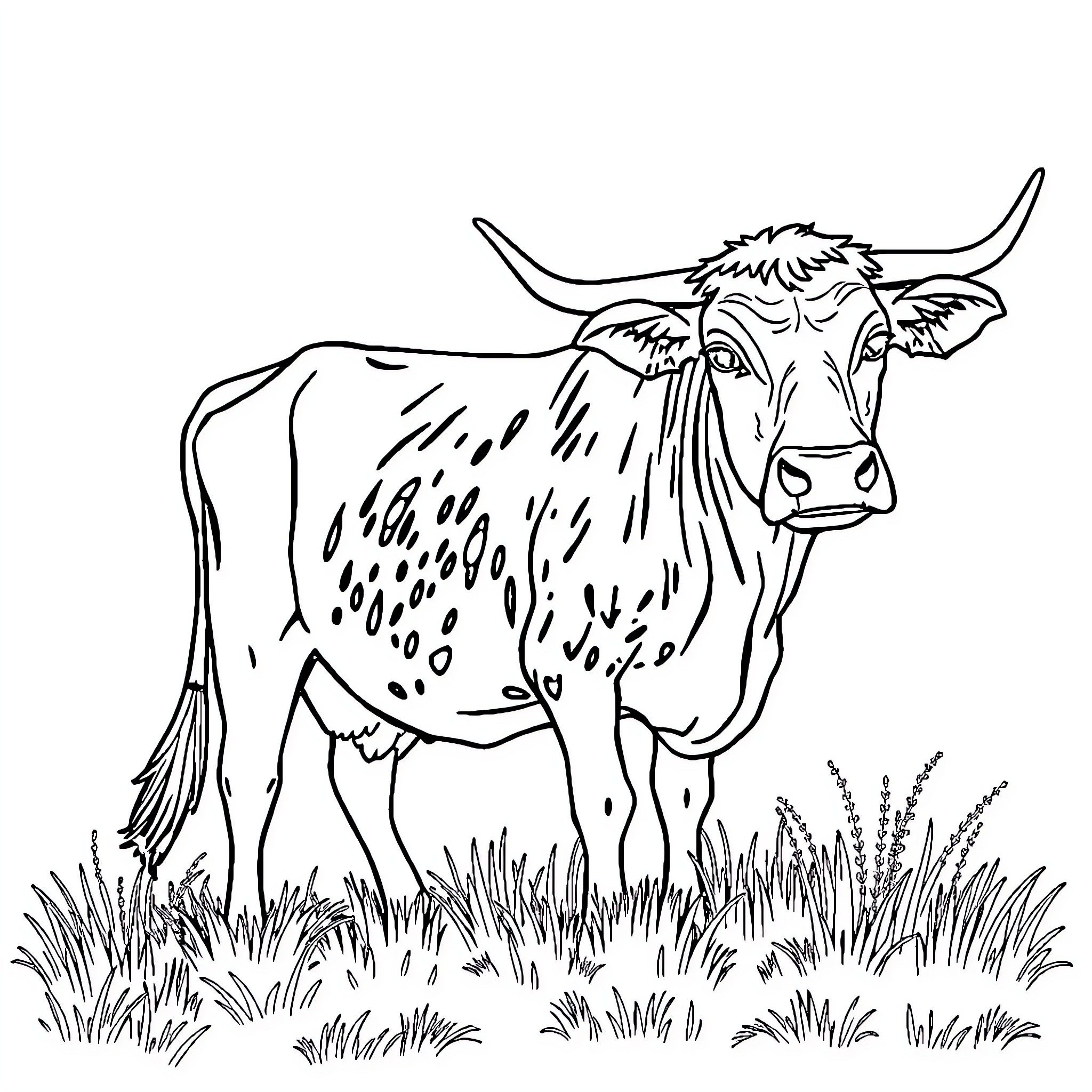 Cow standing in the field Coloring Page (free black-and-white line drawing printable PDF for all, from beginners to advanced learners, including children, teens, adults, and seniors)