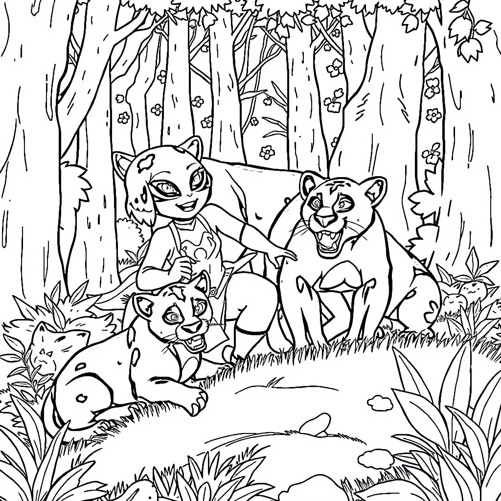 Flash McQueen and friends explore the magical forest Coloring Page (free black-and-white line drawing printable PDF for all, from beginners to advanced learners, including children, teens, adults, and seniors)