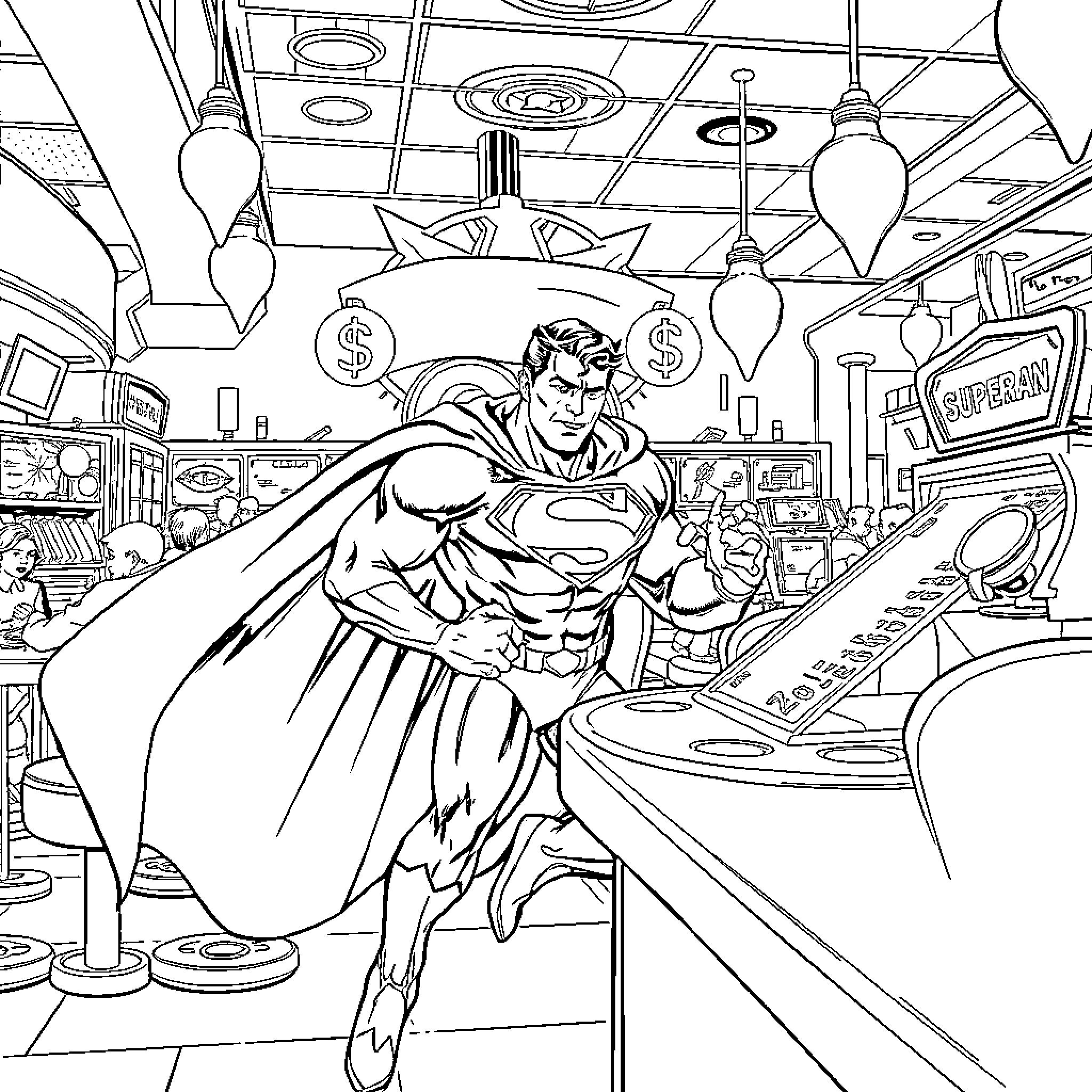 Superman Saving the Day in a Busy Diner Coloring Page (free black-and-white line drawing printable PDF for all, from beginners to advanced learners, including children, teens, adults, and seniors)