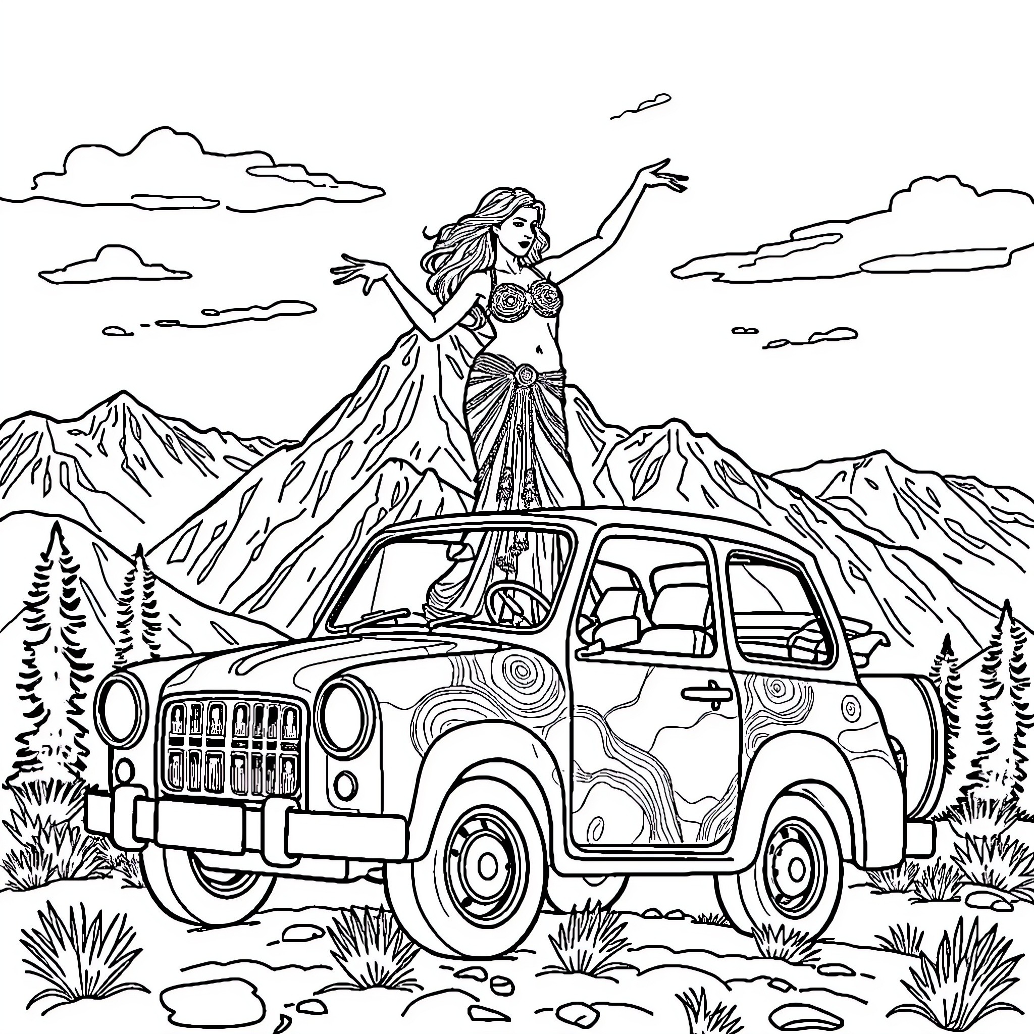 Person dancing joyfully on a vintage car in the mountains Coloring Page (free black-and-white line drawing printable PDF for all, from beginners to advanced learners, including children, teens, adults, and seniors)