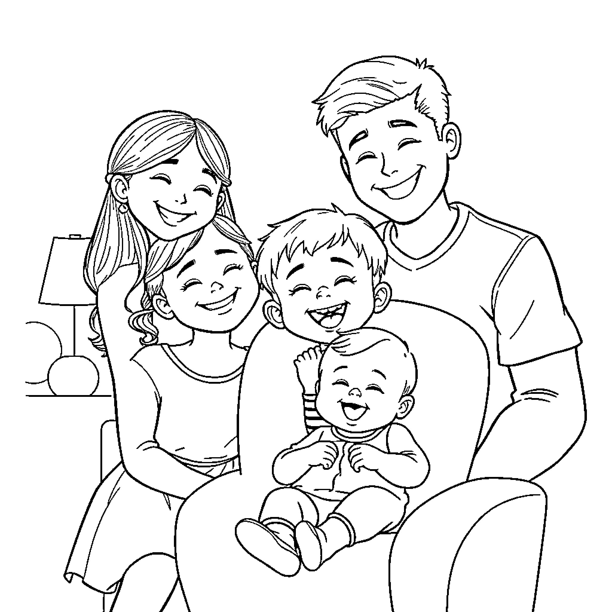 Family Enjoying Quality Time Together Coloring Page (free black-and-white line drawing printable PDF for all, from beginners to advanced learners, including children, teens, adults, and seniors)