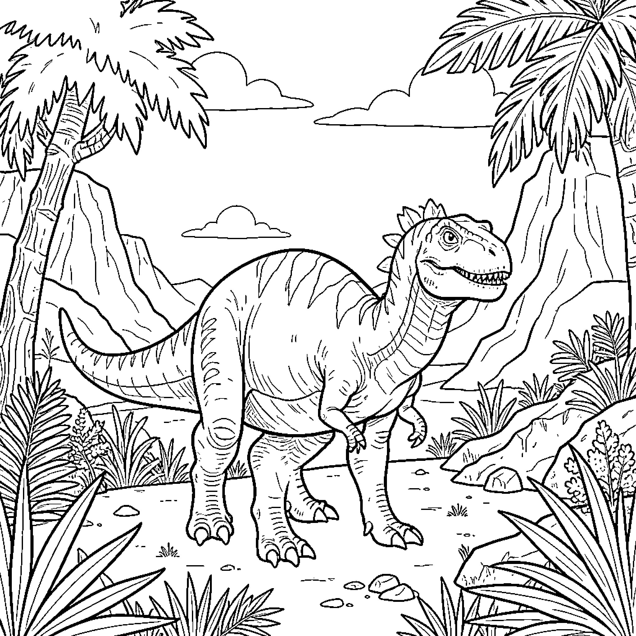 Dinosaur walking through a tropical prehistoric landscape Coloring Page (free black-and-white line drawing printable PDF for all, from beginners to advanced learners, including children, teens, adults, and seniors)