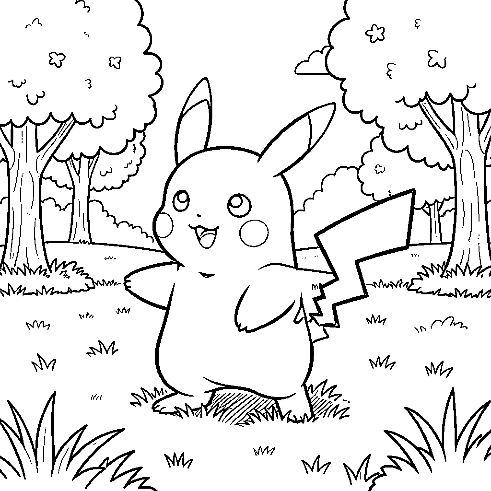 Pikachu explores the enchanting forest Coloring Page (free black-and-white line drawing printable PDF for all, from beginners to advanced learners, including children, teens, adults, and seniors)