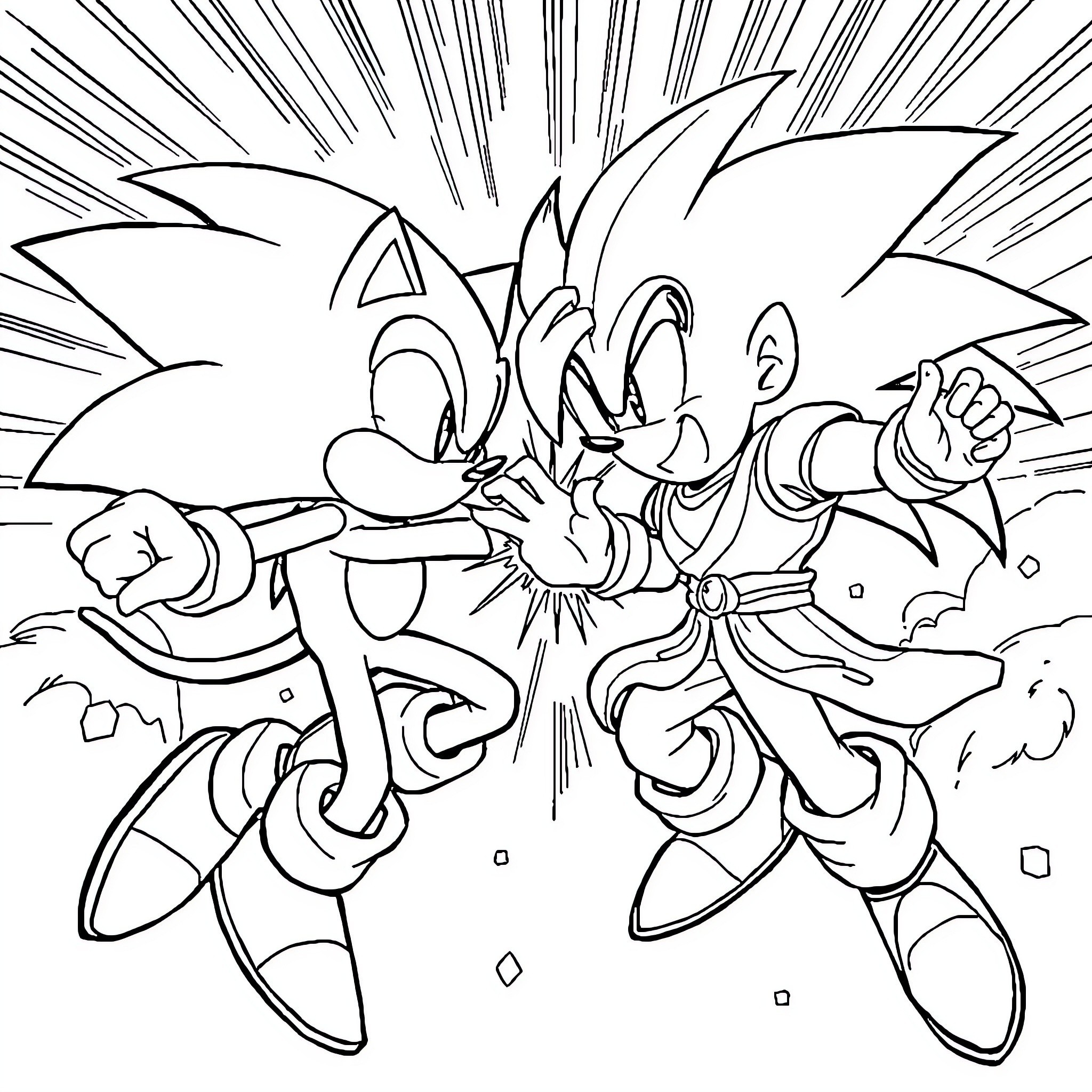 Sonic's Energetic Battle Scene Coloring Page (free black-and-white line drawing printable PDF for all, from beginners to advanced learners, including children, teens, adults, and seniors)