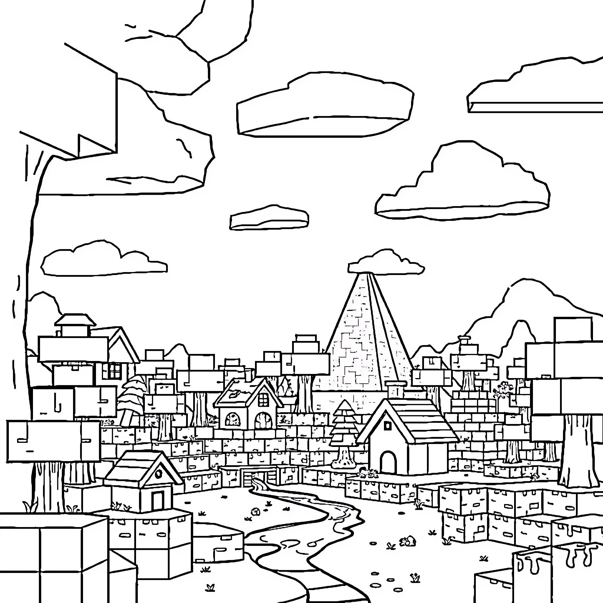 Minecraft landscape with buildings and structures Coloring Page (free black-and-white line drawing printable PDF for all, from beginners to advanced learners, including children, teens, adults, and seniors)