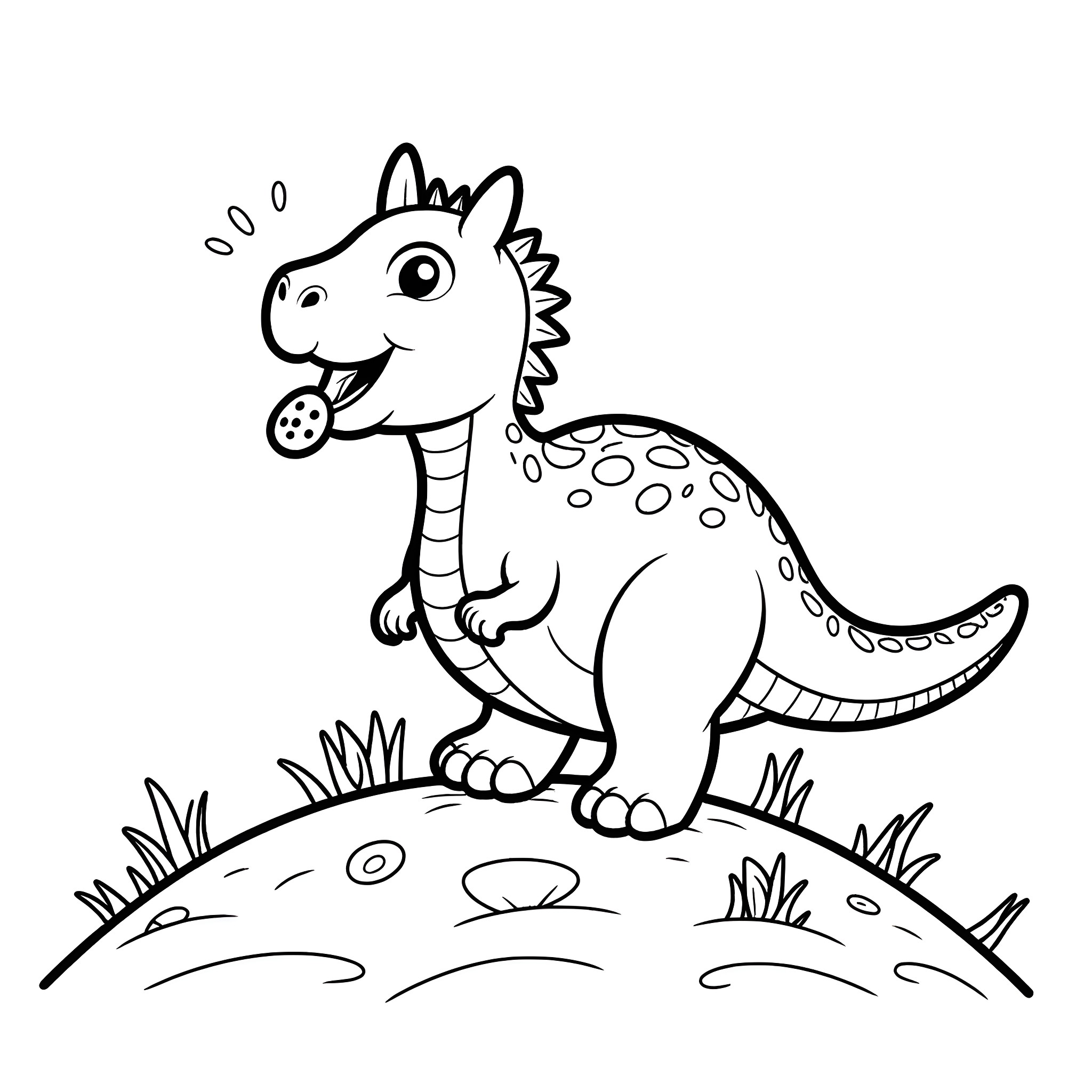 Dinosaur walking happily in nature Coloring Page (free black-and-white line drawing printable PDF for all, from beginners to advanced learners, including children, teens, adults, and seniors)