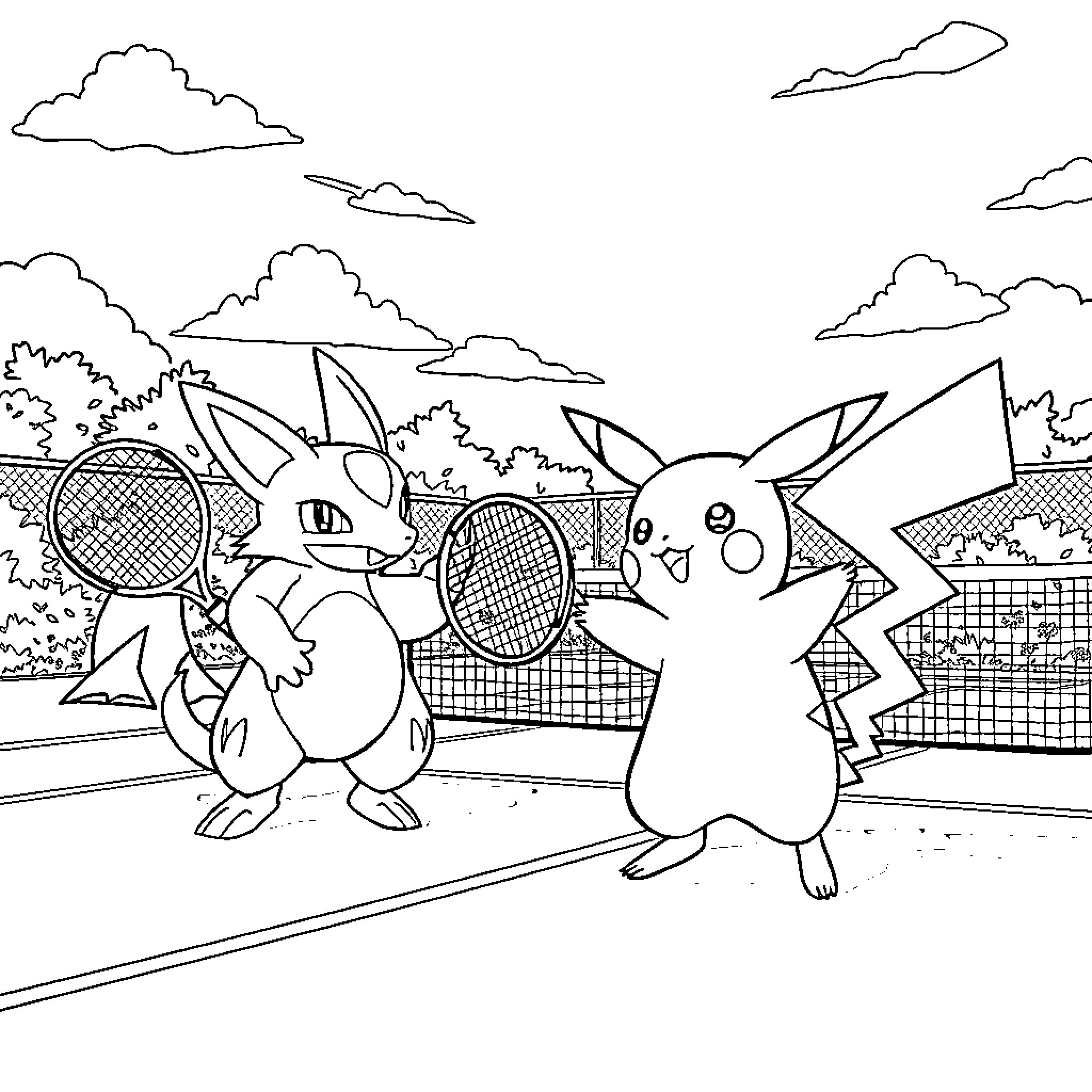 Pikachu playing tennis with other Pokemon characters Coloring Page (free black-and-white line drawing printable PDF for all, from beginners to advanced learners, including children, teens, adults, and seniors)