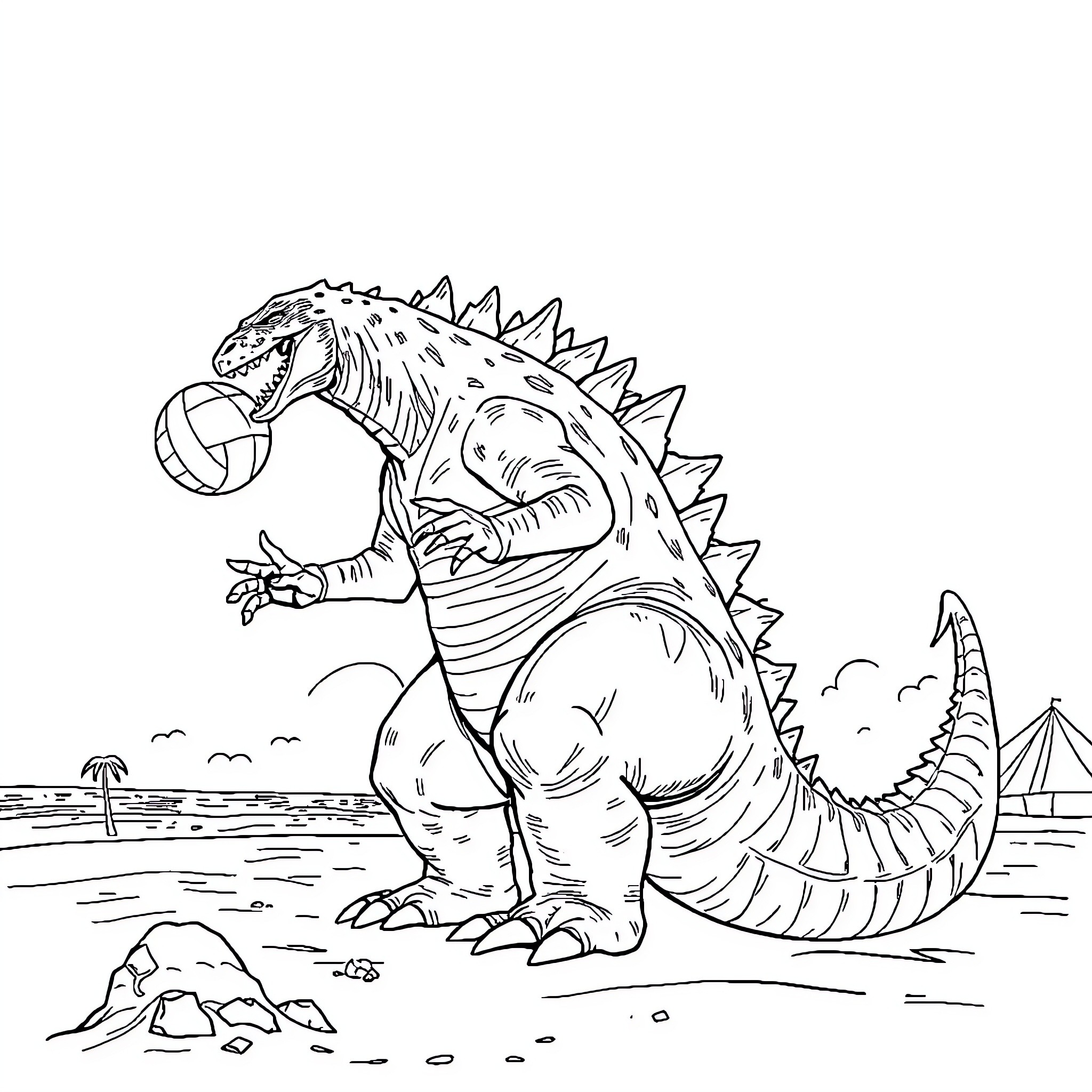 Godzilla stomping through a tropical landscape Coloring Page (free black-and-white line drawing printable PDF for all, from beginners to advanced learners, including children, teens, adults, and seniors)