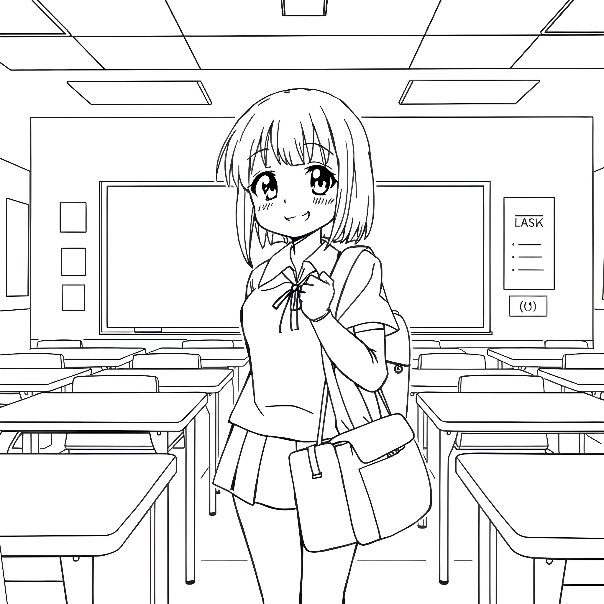 Ayumu Kasuga smiling cheerfully in classroom Coloring Page (free black-and-white line drawing printable PDF for all, from beginners to advanced learners, including children, teens, adults, and seniors)