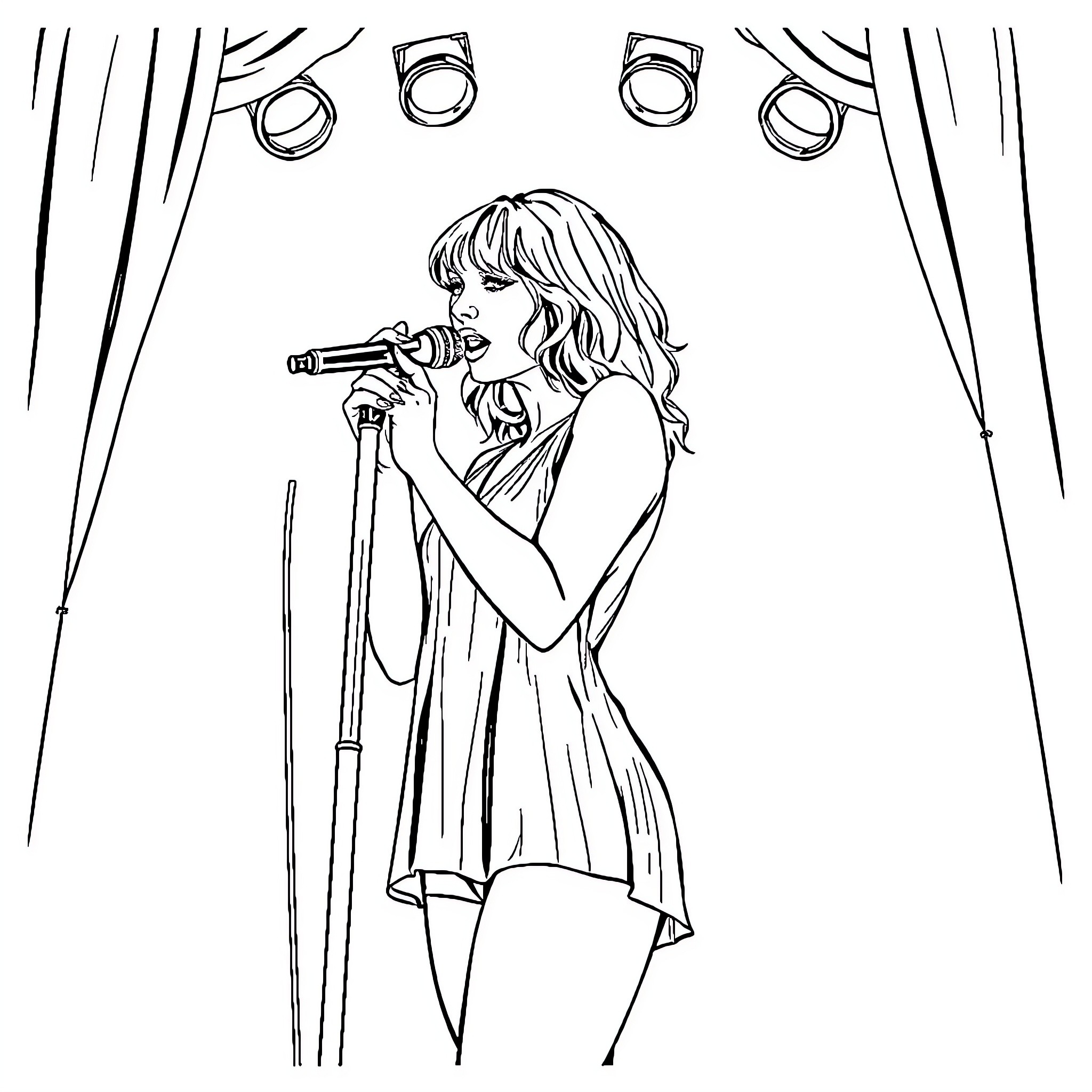 Taylor Swift performing on stage with microphone Coloring Page (free black-and-white line drawing printable PDF for all, from beginners to advanced learners, including children, teens, adults, and seniors)