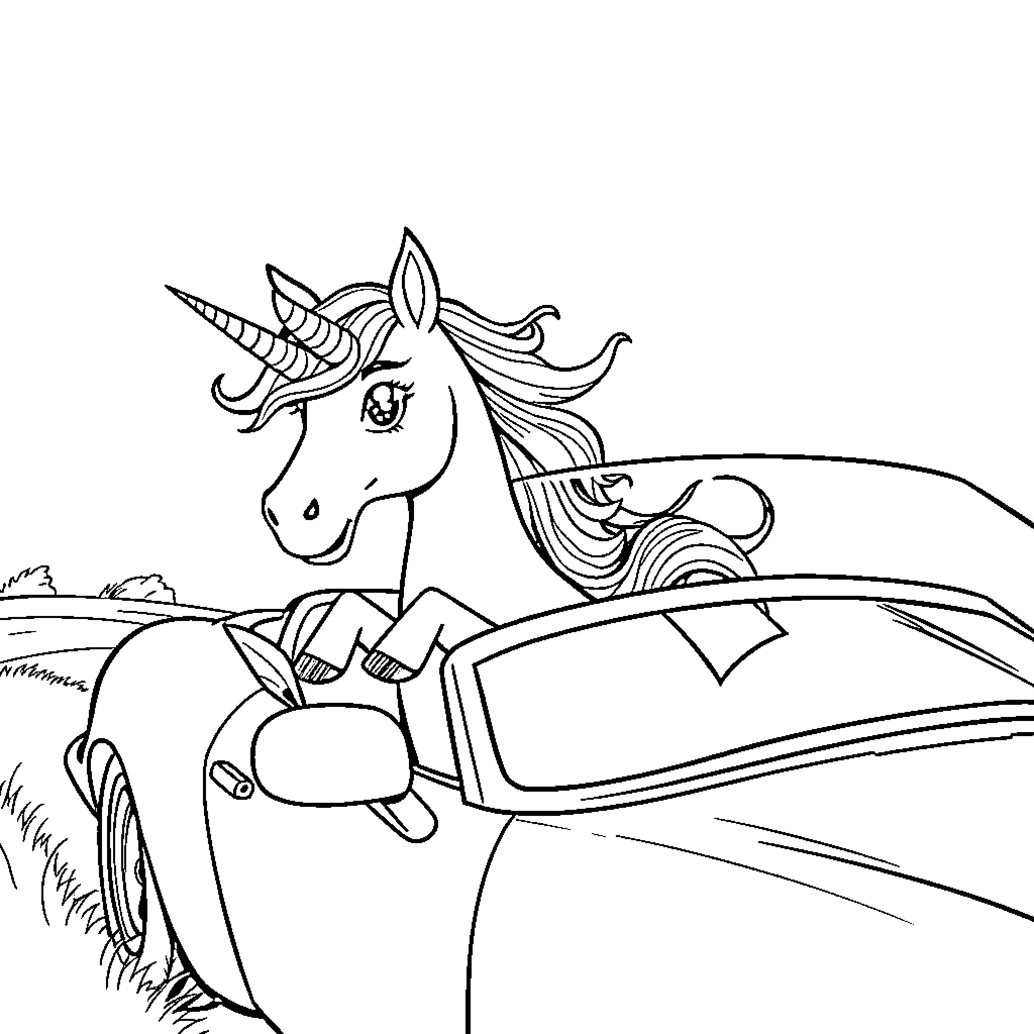 Unicorn riding a car through the countryside Coloring Page (free black-and-white line drawing printable PDF for all, from beginners to advanced learners, including children, teens, adults, and seniors)