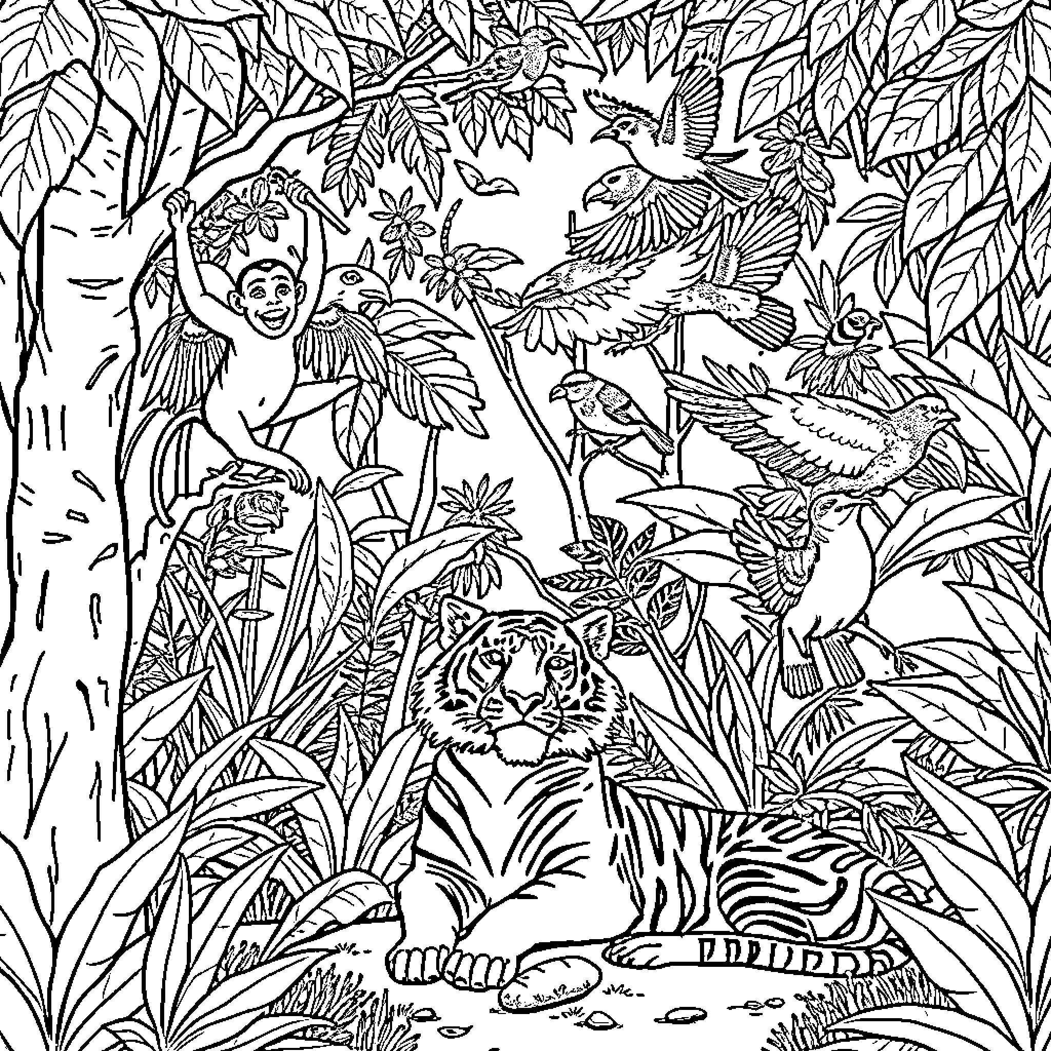 Animal Jungle Scene with Varied Wildlife Coloring Page (free black-and-white line drawing printable PDF for all, from beginners to advanced learners, including children, teens, adults, and seniors)