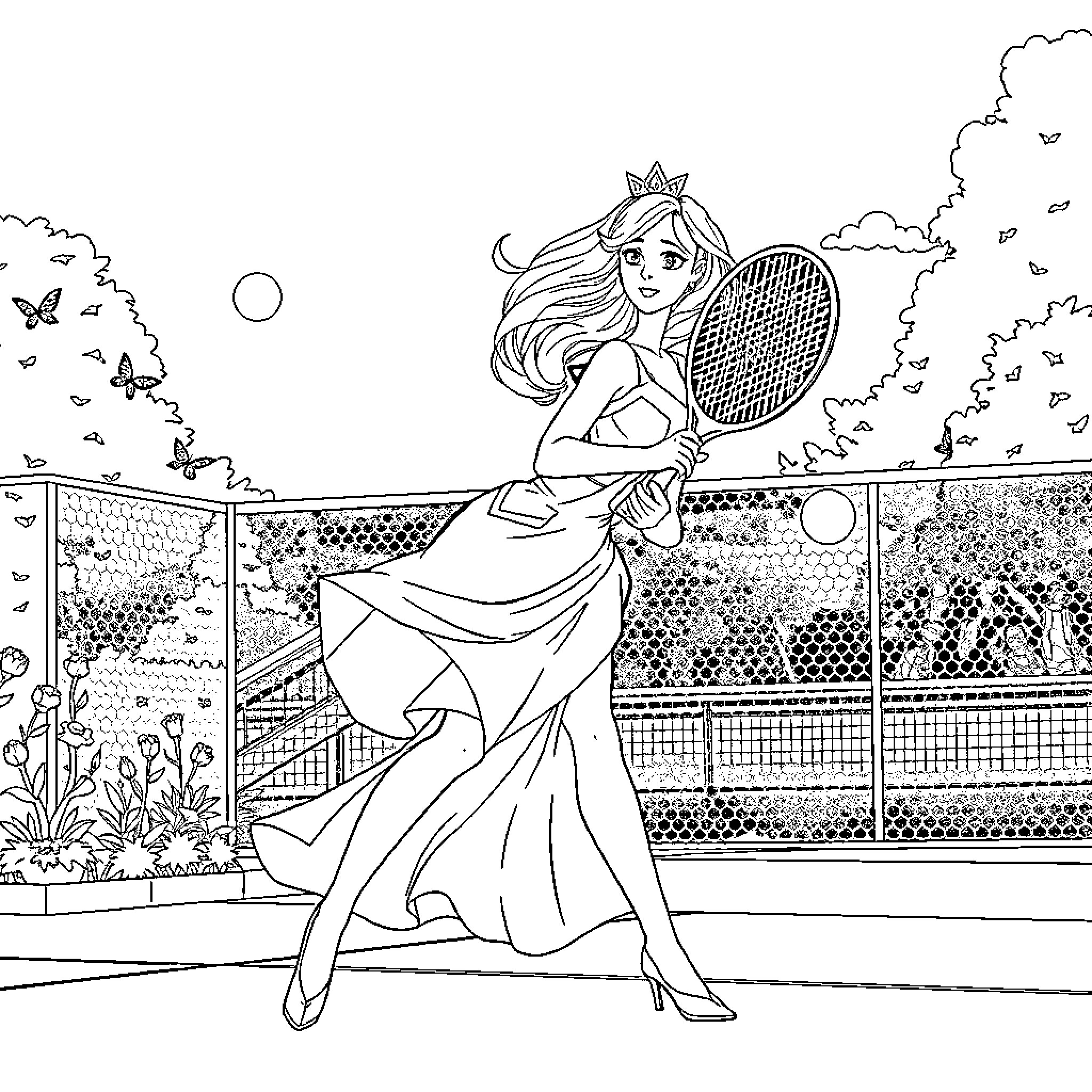 Princess Tennis Player Gracefully Serves on Court Coloring Page (free black-and-white line drawing printable PDF for all, from beginners to advanced learners, including children, teens, adults, and seniors)