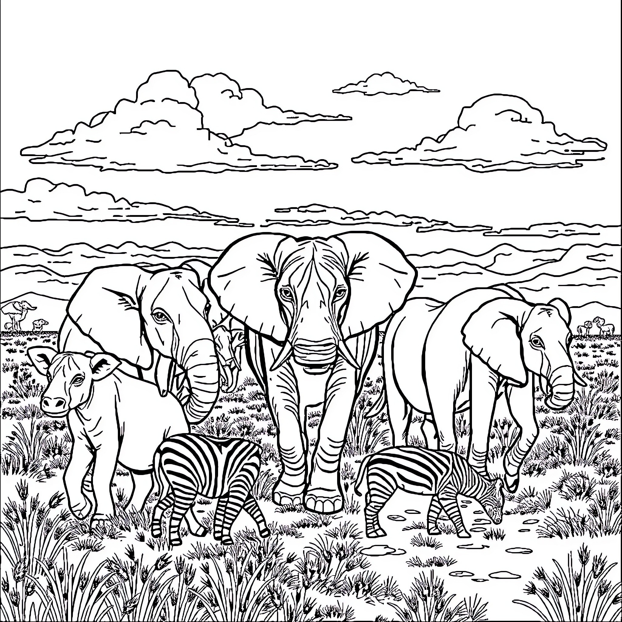 Animal herd walking through the wilderness Coloring Page (free black-and-white line drawing printable PDF for all, from beginners to advanced learners, including children, teens, adults, and seniors)