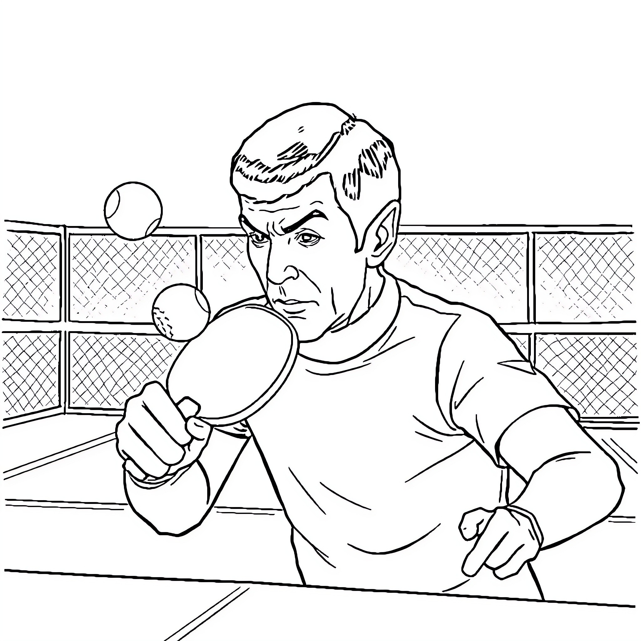 Mr. Spock playing table tennis in competitive match Coloring Page (free black-and-white line drawing printable PDF for all, from beginners to advanced learners, including children, teens, adults, and seniors)