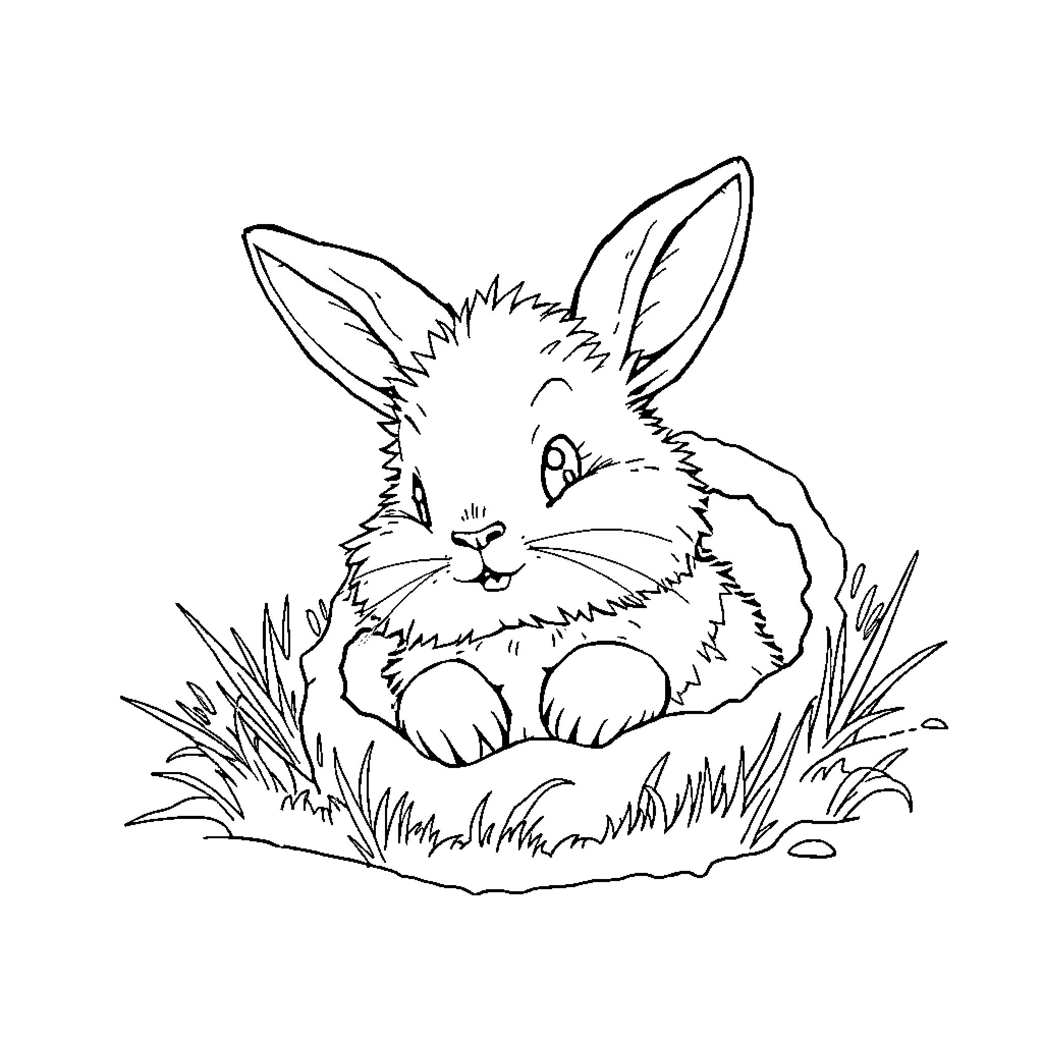 Rabbit resting peacefully in the meadow Coloring Page (free black-and-white line drawing printable PDF for all, from beginners to advanced learners, including children, teens, adults, and seniors)