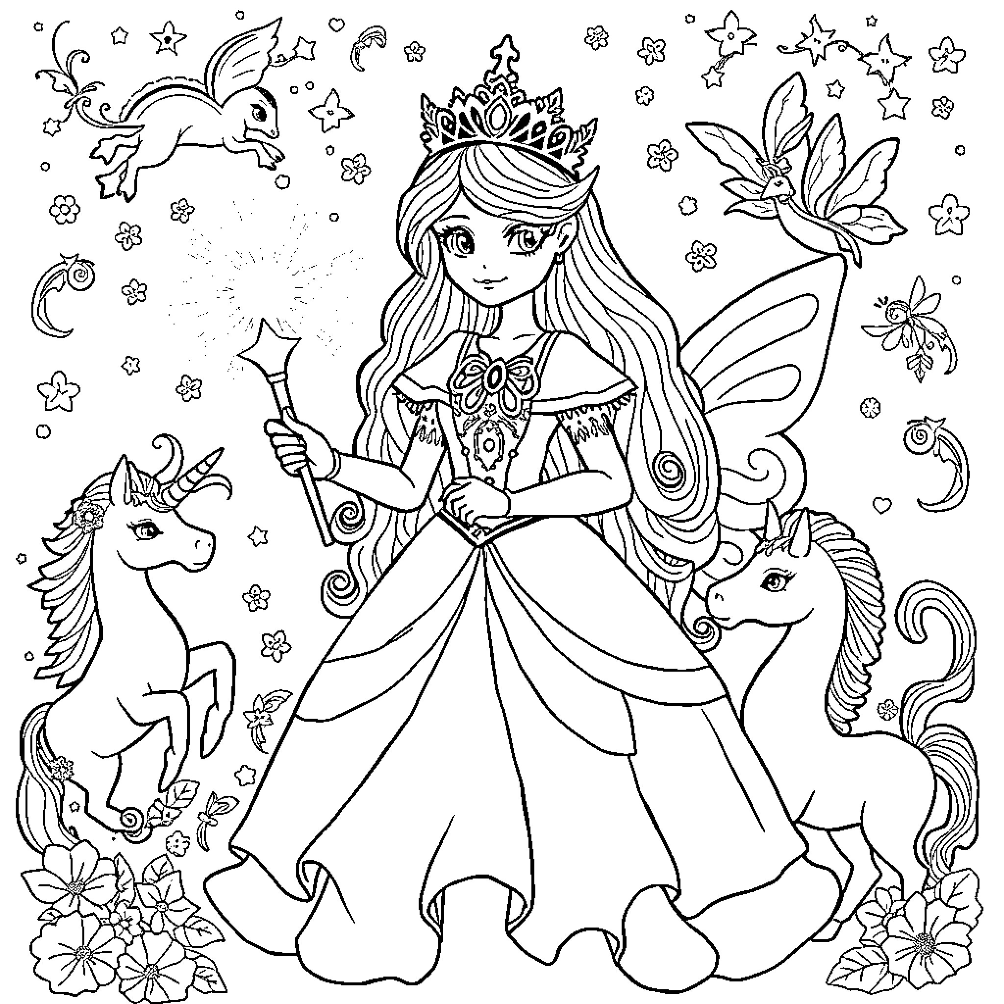 Princess in a Magical Fantasy World Coloring Page (free black-and-white line drawing printable PDF for all, from beginners to advanced learners, including children, teens, adults, and seniors)