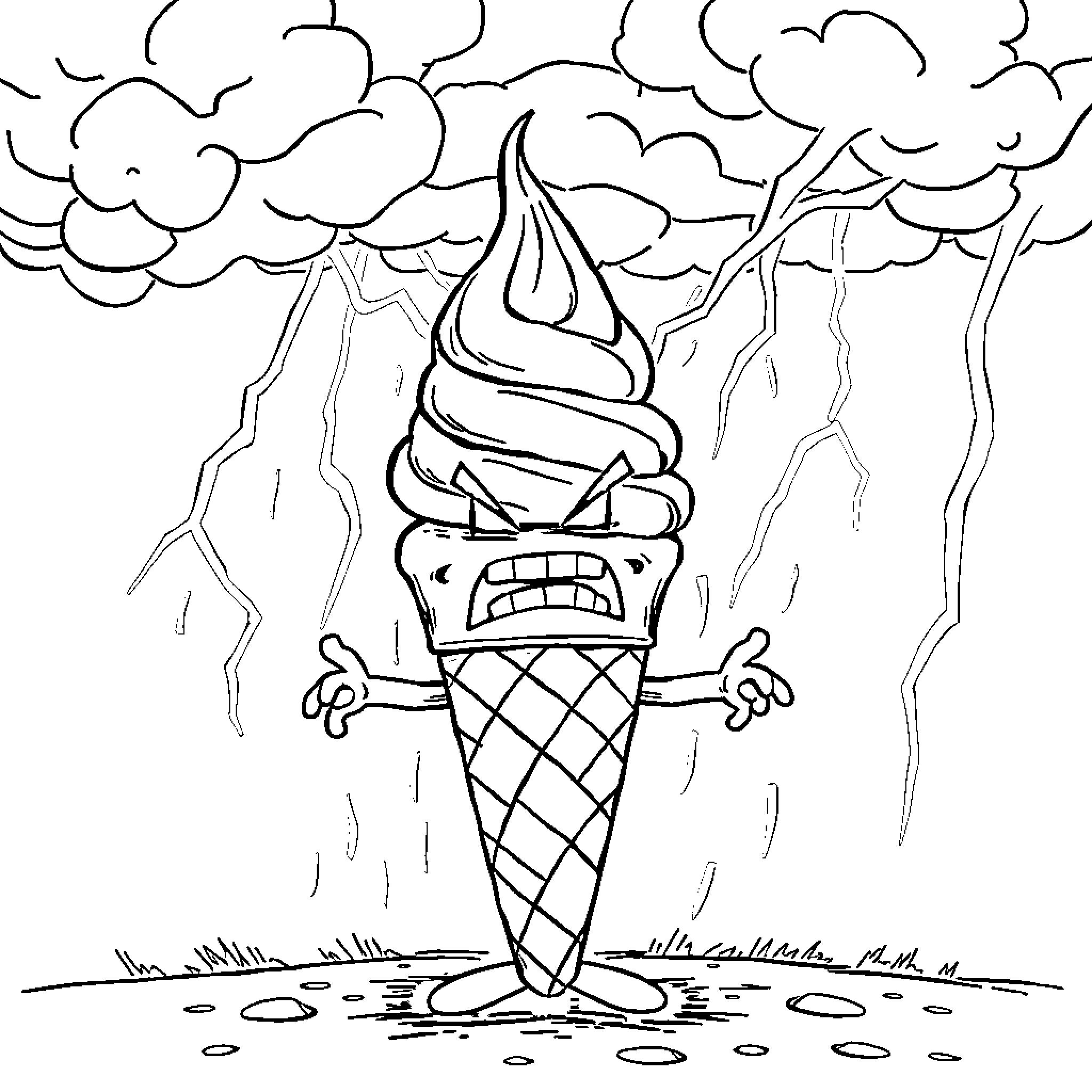 Ice Cream Cone Weathering a Storm Coloring Page (free black-and-white line drawing printable PDF for all, from beginners to advanced learners, including children, teens, adults, and seniors)