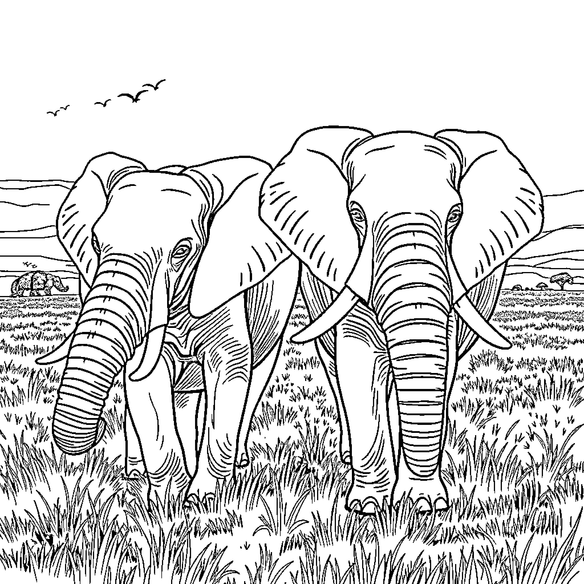 Elephant herd roaming peacefully in natural habitat Coloring Page (free black-and-white line drawing printable PDF for all, from beginners to advanced learners, including children, teens, adults, and seniors)