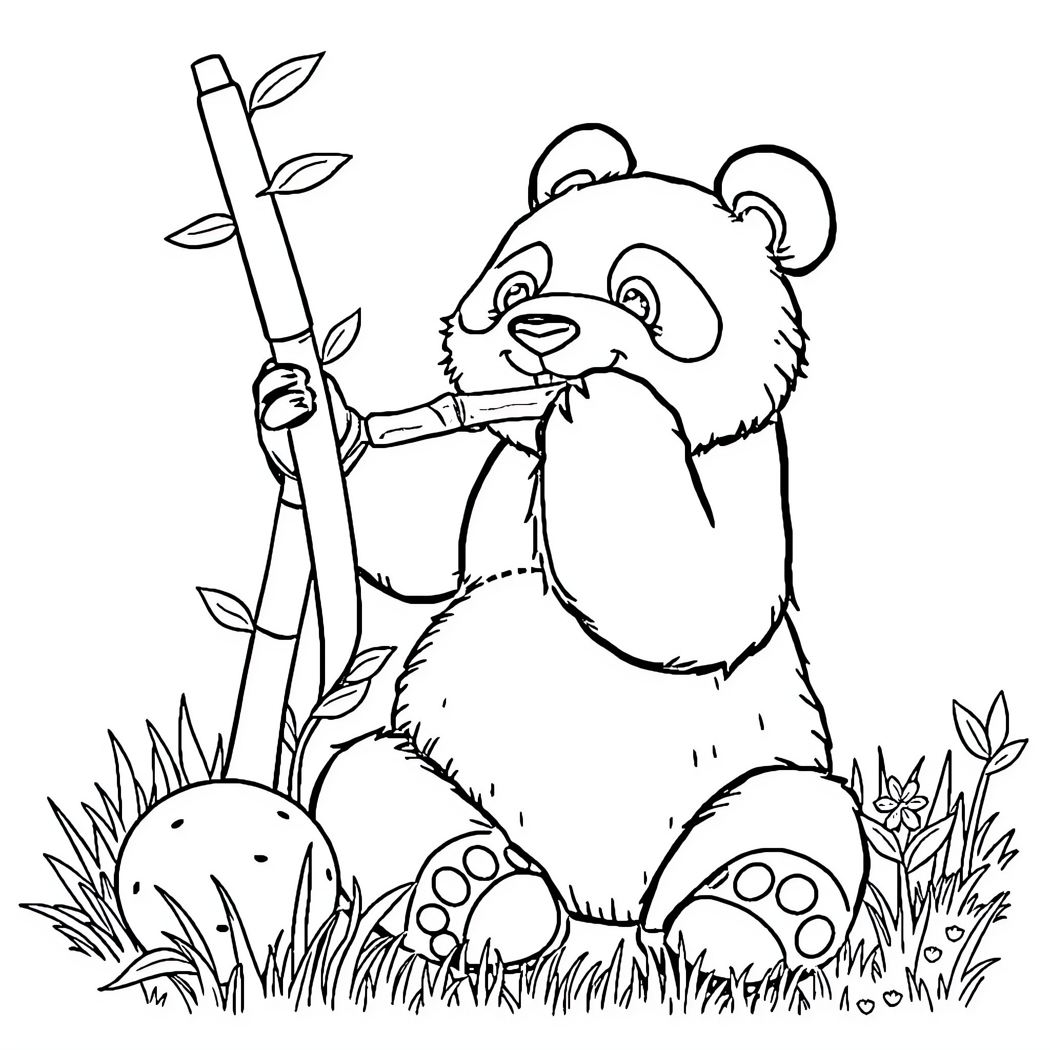 Panda exploring nature with bamboo stick Coloring Page (free black-and-white line drawing printable PDF for all, from beginners to advanced learners, including children, teens, adults, and seniors)