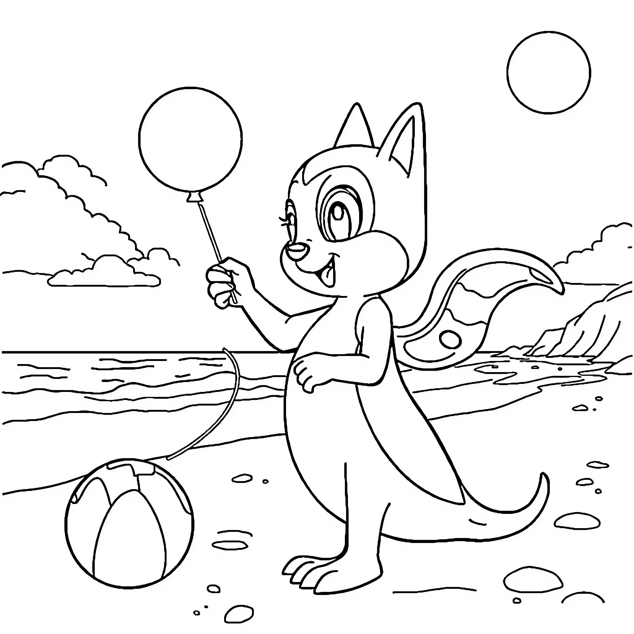 Stella plays happily with a balloon on the beach Coloring Page (free black-and-white line drawing printable PDF for all, from beginners to advanced learners, including children, teens, adults, and seniors)