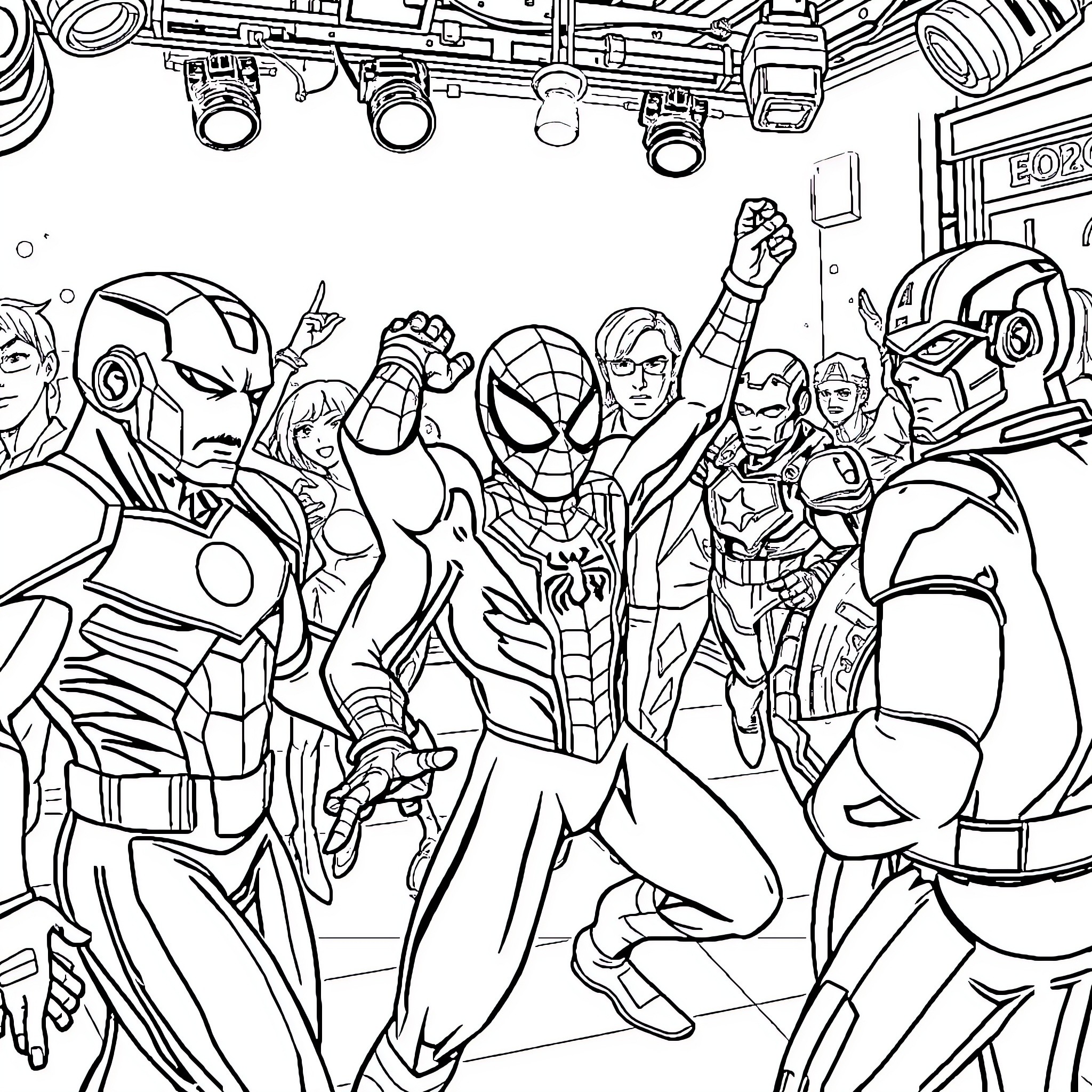 Spider-Man and Superhero Friends in Action Coloring Page (free black-and-white line drawing printable PDF for all, from beginners to advanced learners, including children, teens, adults, and seniors)