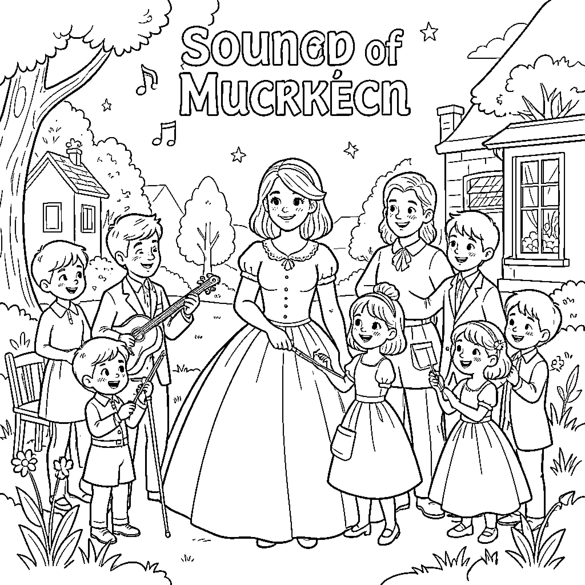 Music being played by children and a lady Coloring Page (free black-and-white line drawing printable PDF for all, from beginners to advanced learners, including children, teens, adults, and seniors)