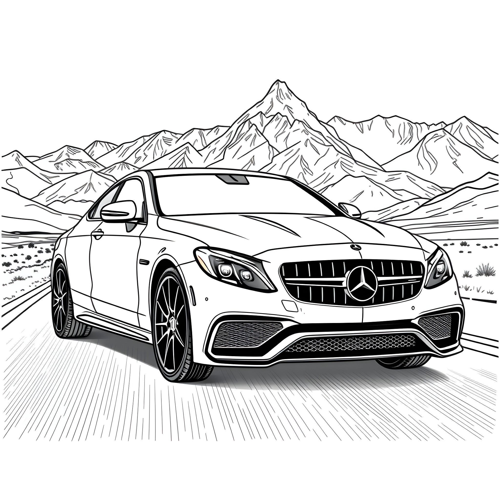 Amg C63 speeding through the mountainous terrain Coloring Page (free black-and-white line drawing printable PDF for all, from beginners to advanced learners, including children, teens, adults, and seniors)