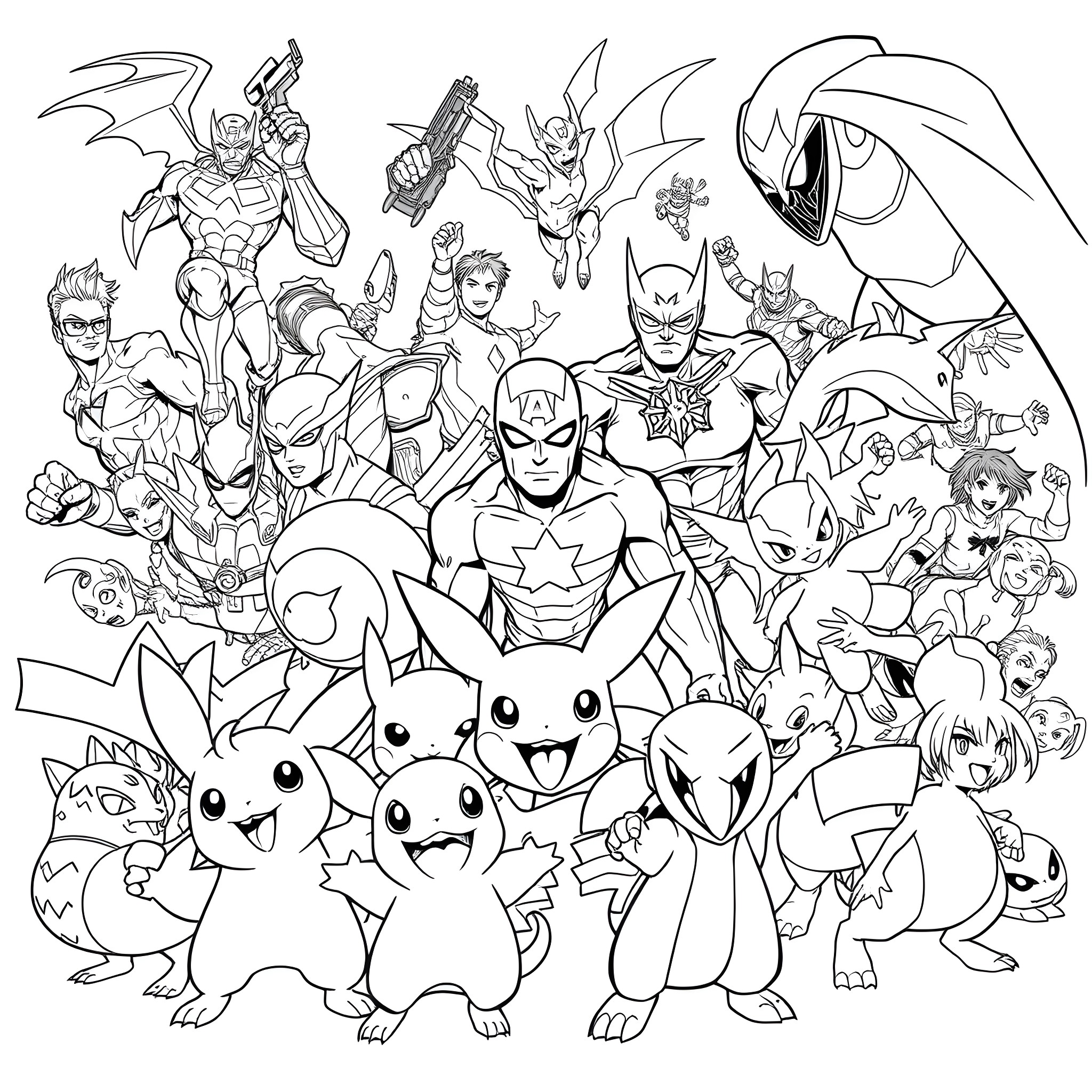 Hero characters in action poses and expressions Coloring Page (free black-and-white line drawing printable PDF for all, from beginners to advanced learners, including children, teens, adults, and seniors)