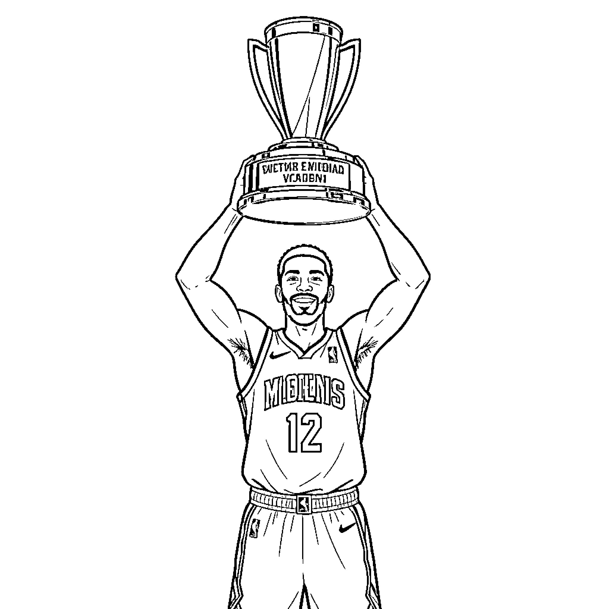 Victor Wembanyama smiling while holding a large trophy aloft Coloring Page (free black-and-white line drawing printable PDF for all, from beginners to advanced learners, including children, teens, adults, and seniors)