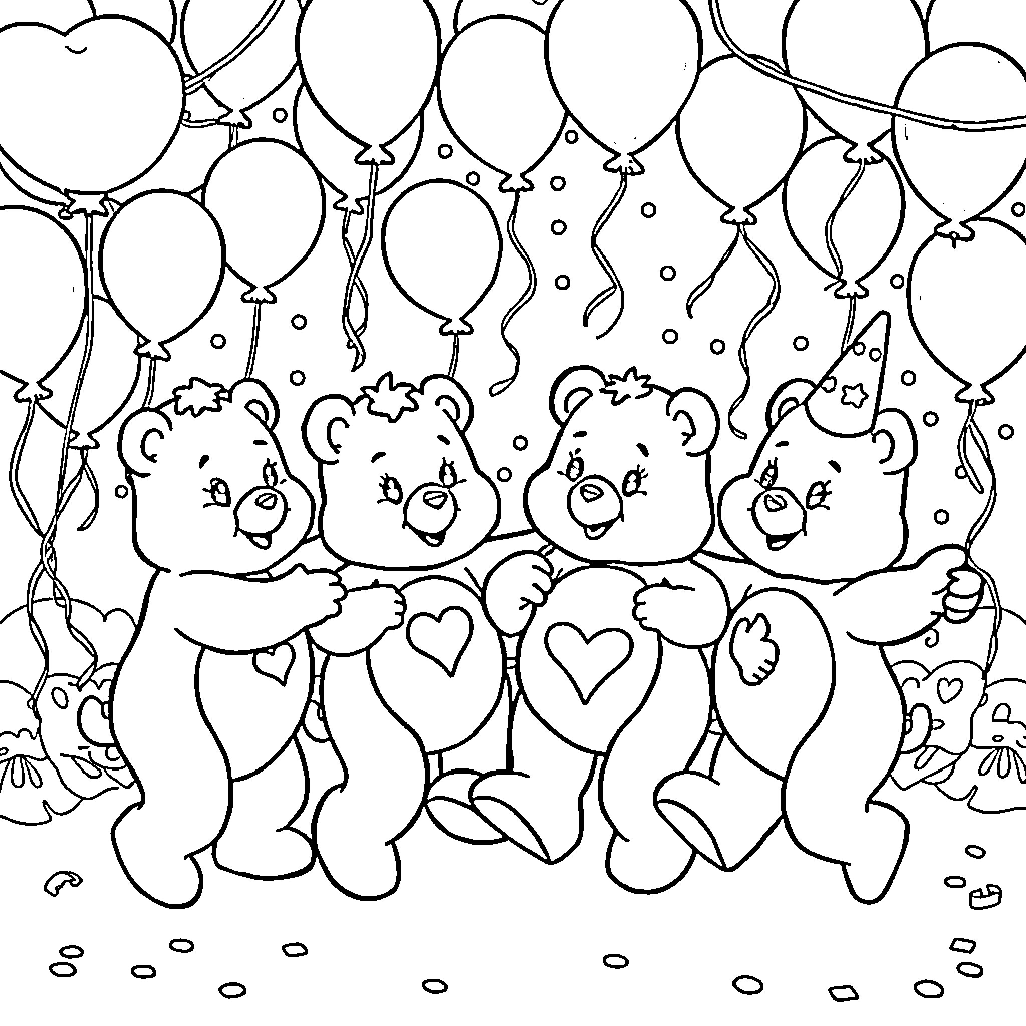 Care Bear friends celebrate with balloons and hearts Coloring Page (free black-and-white line drawing printable PDF for all, from beginners to advanced learners, including children, teens, adults, and seniors)