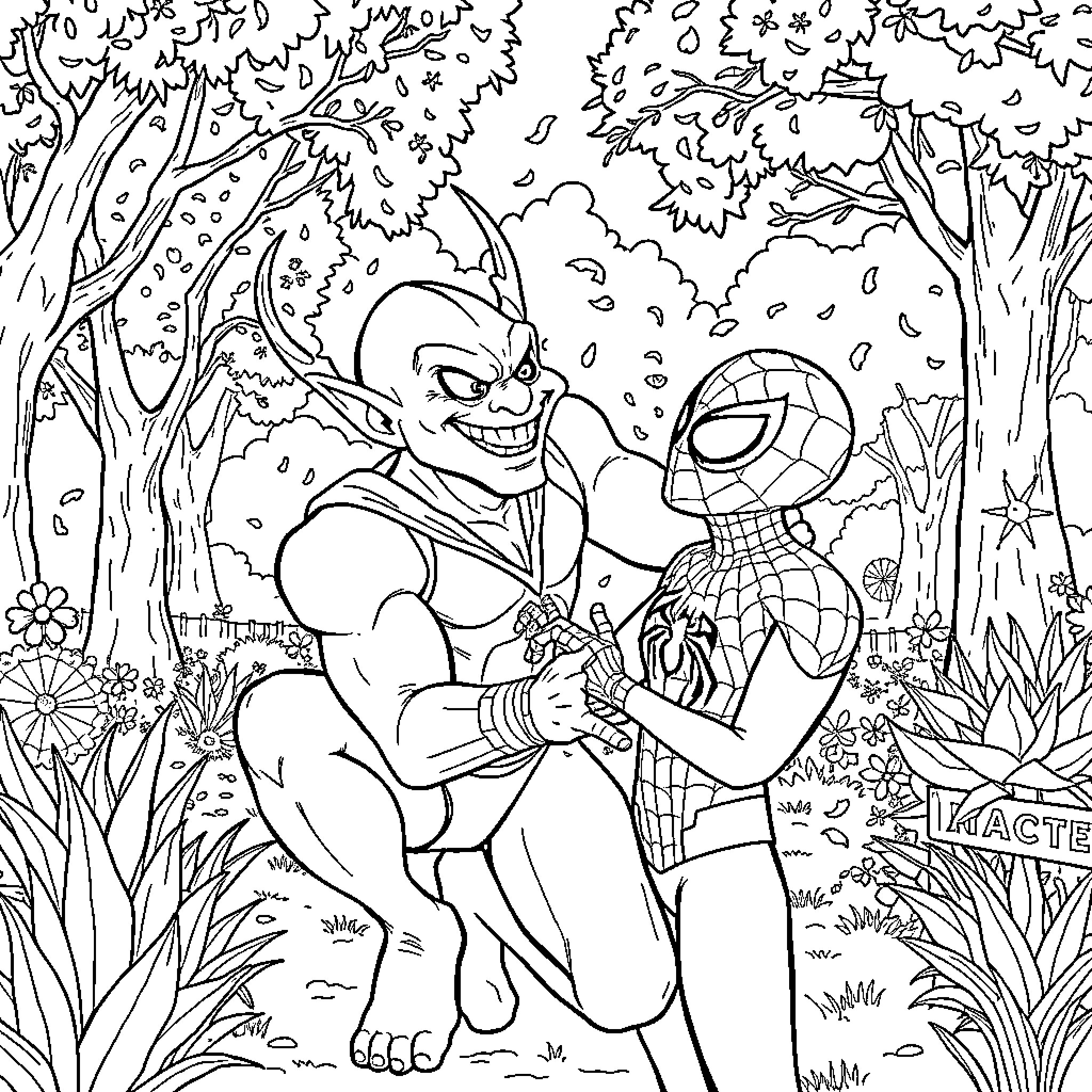 Goblin and Spider-Man exploring the forest together Coloring Page (free black-and-white line drawing printable PDF for all, from beginners to advanced learners, including children, teens, adults, and seniors)