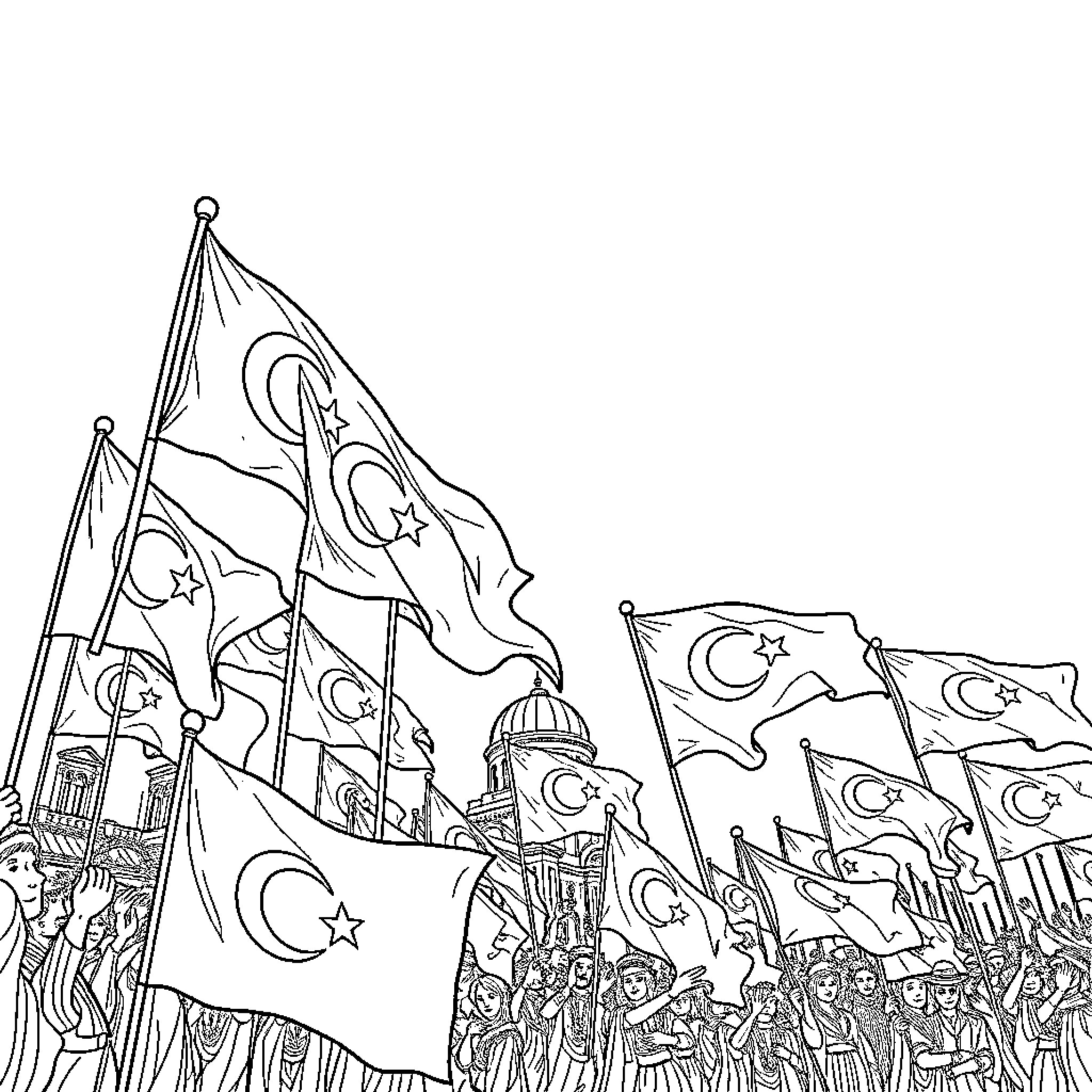 Republic Parade of Patriotic Flags and Celebrations Coloring Page (free black-and-white line drawing printable PDF for all, from beginners to advanced learners, including children, teens, adults, and seniors)