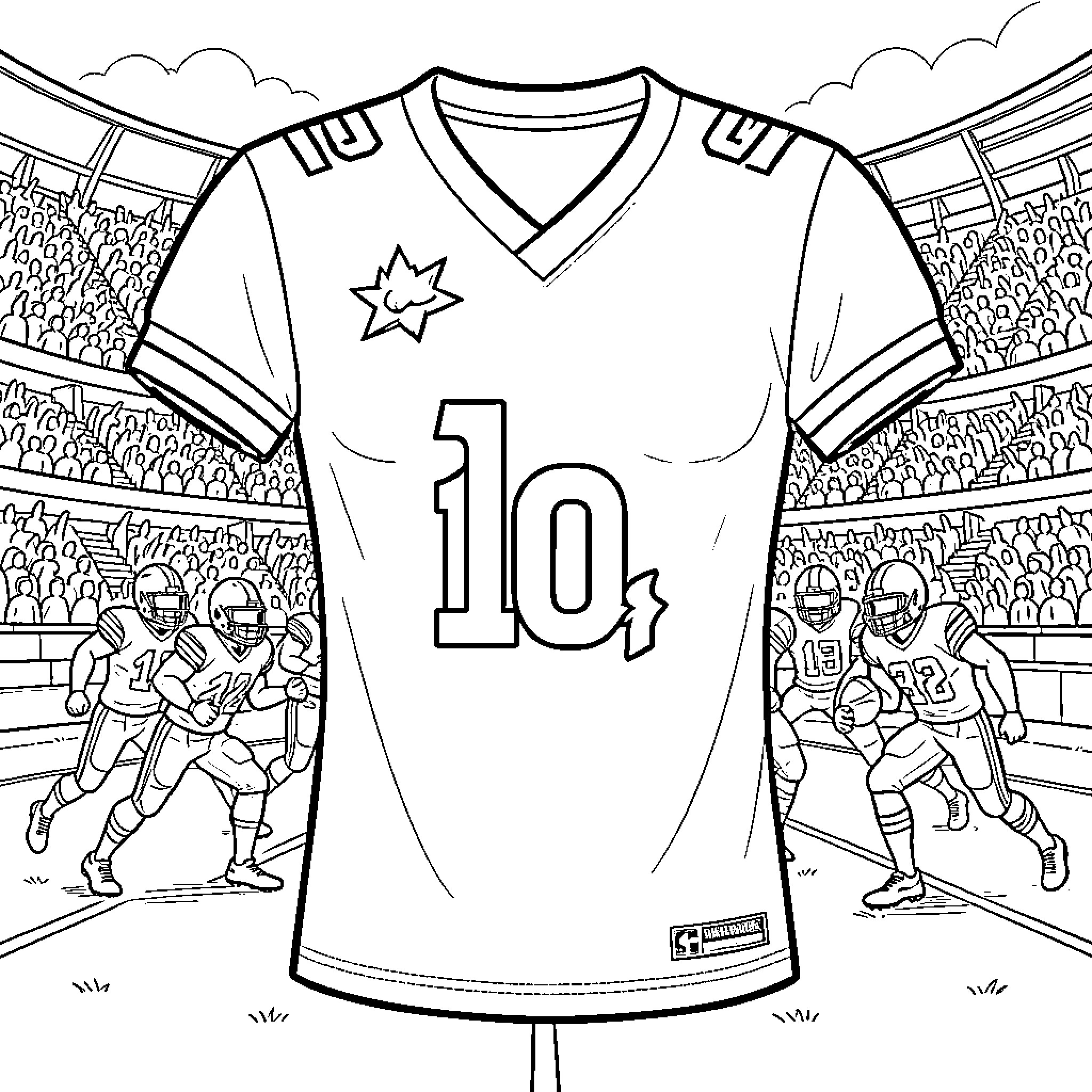 Football Jersey with players competing in a stadium Coloring Page (free black-and-white line drawing printable PDF for all, from beginners to advanced learners, including children, teens, adults, and seniors)