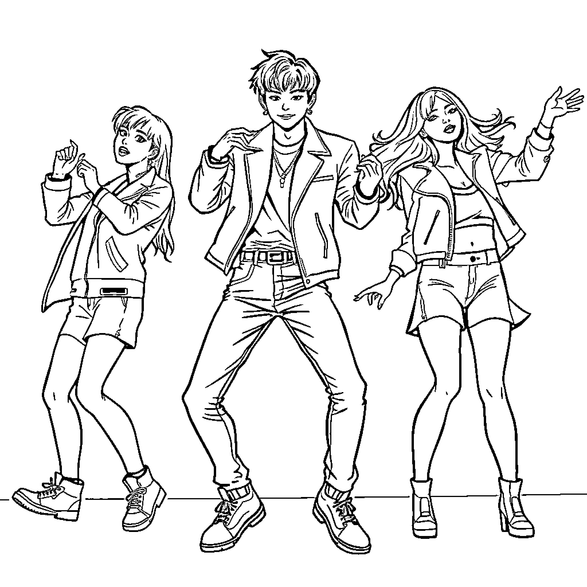 K Pop Performers Striking Energetic Poses Coloring Page (free black-and-white line drawing printable PDF for all, from beginners to advanced learners, including children, teens, adults, and seniors)