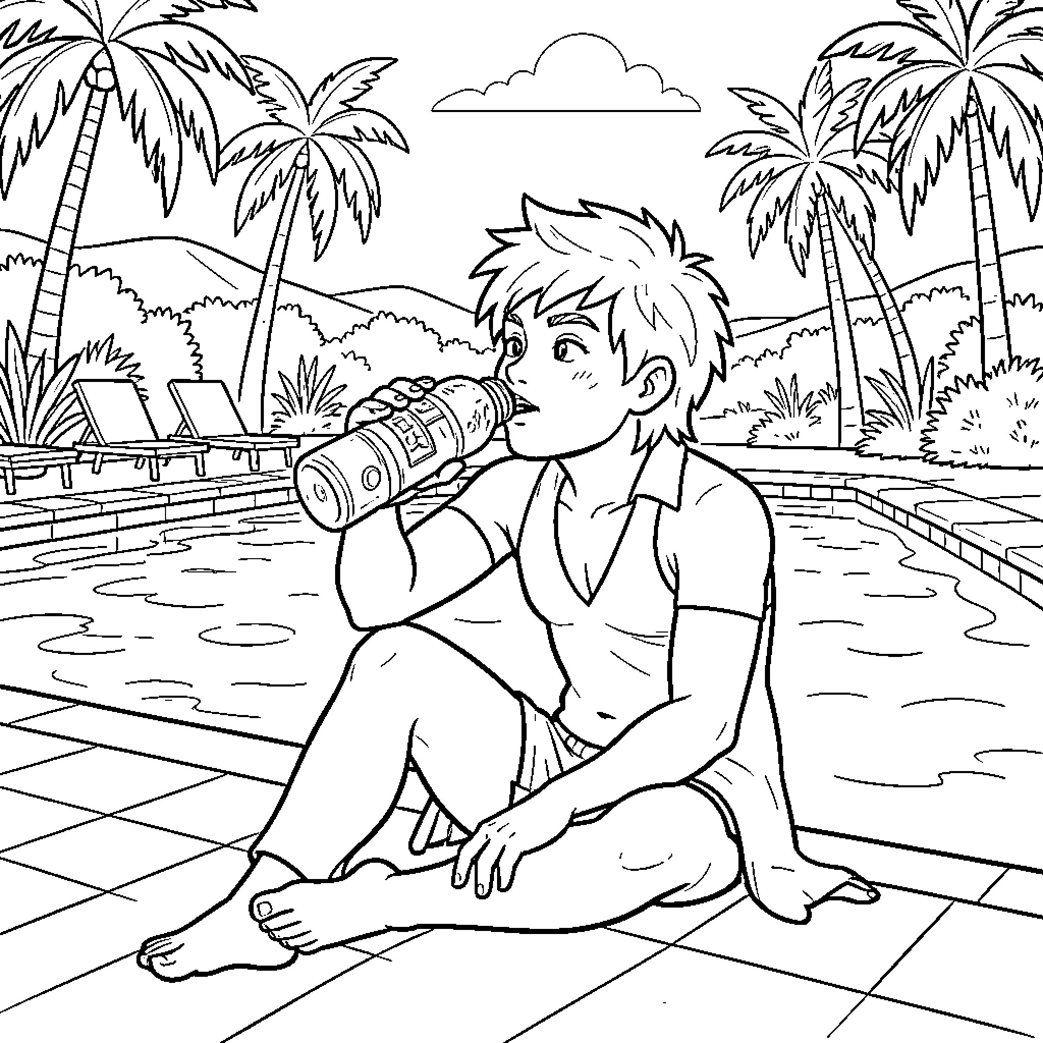 Zuma sitting by a pool drinking from a bottle Coloring Page (free black-and-white line drawing printable PDF for all, from beginners to advanced learners, including children, teens, adults, and seniors)