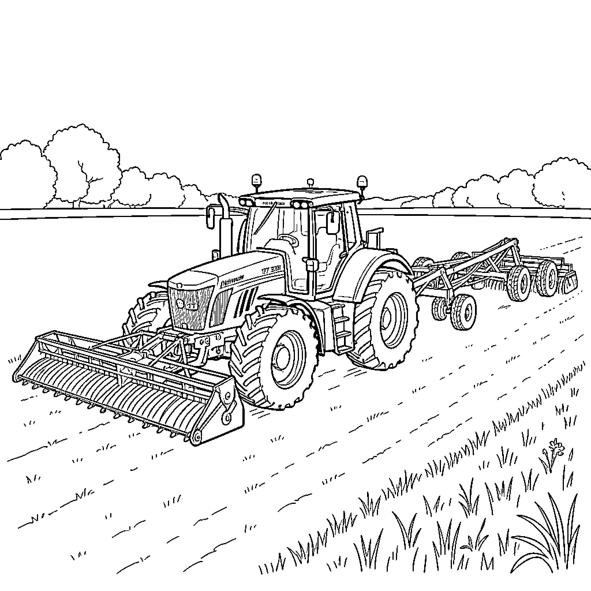 Tractor pulling farming equipment through a field Coloring Page (free black-and-white line drawing printable PDF for all, from beginners to advanced learners, including children, teens, adults, and seniors)