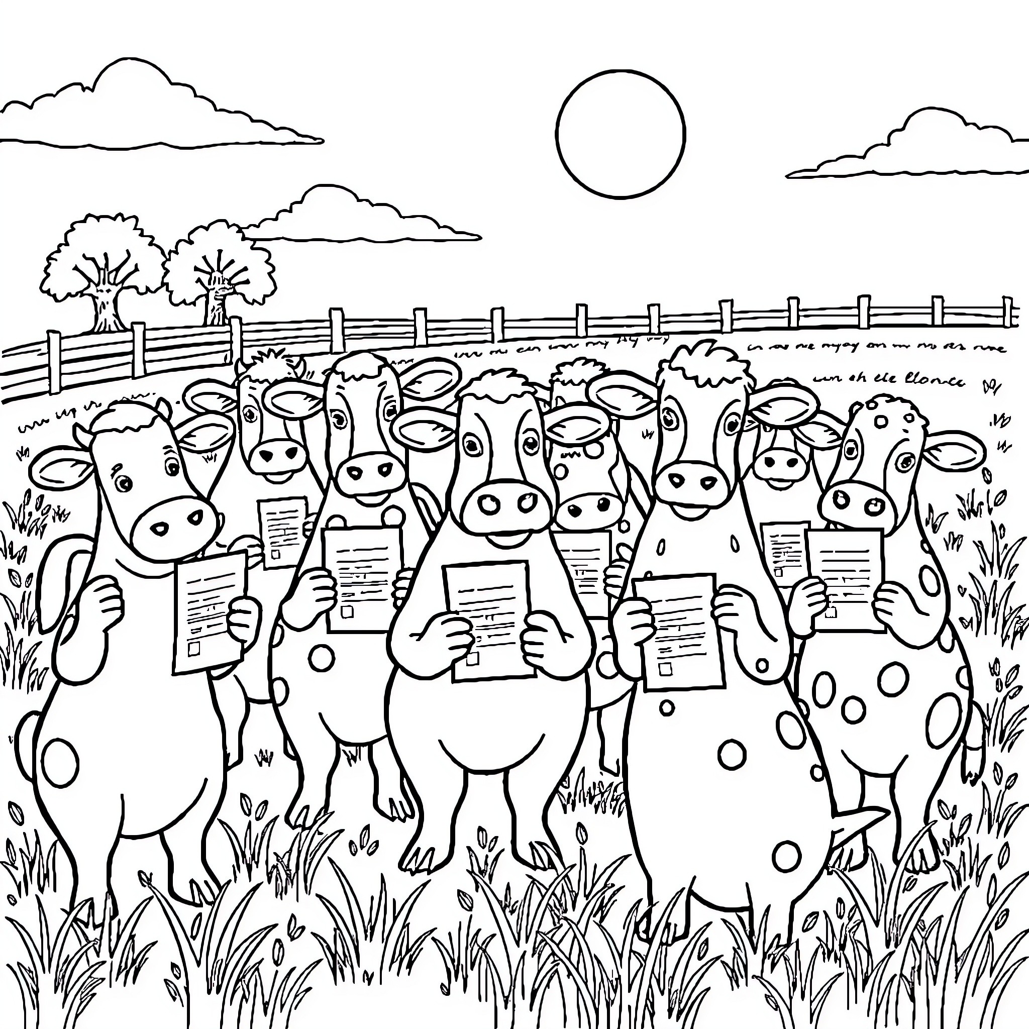 Farm Animals Holding Up Signs in a Pastoral Scene Coloring Page (free black-and-white line drawing printable PDF for all, from beginners to advanced learners, including children, teens, adults, and seniors)