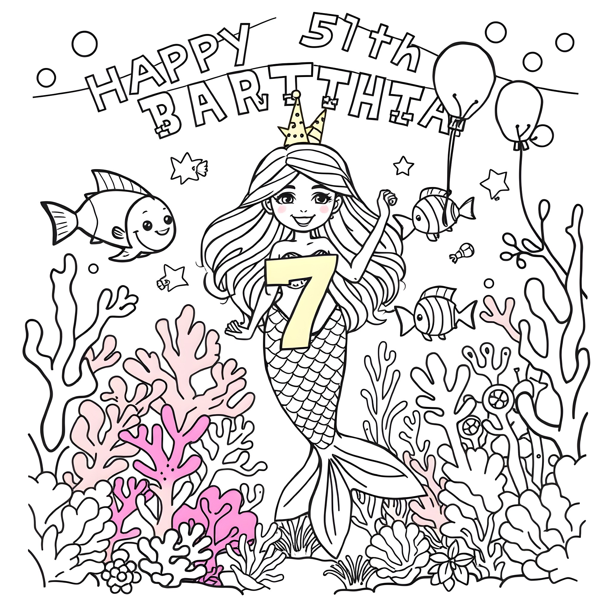 Mermaid celebrating her 5th birthday under the sea Coloring Page (free black-and-white line drawing printable PDF for all, from beginners to advanced learners, including children, teens, adults, and seniors)