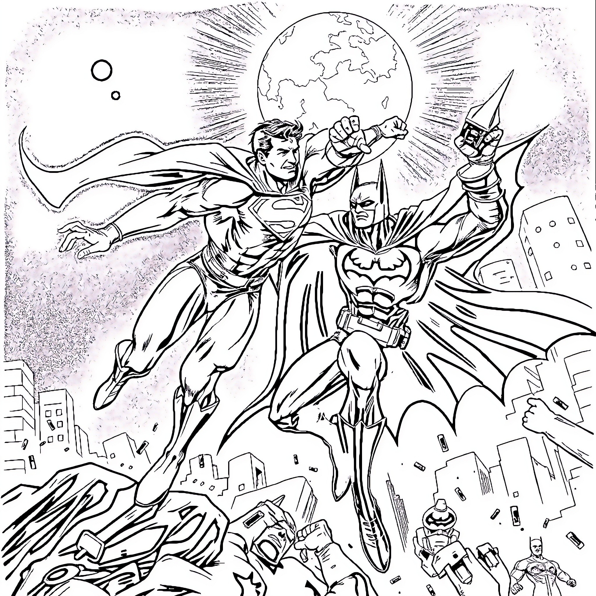 Superman and Batman fight villains in the city Coloring Page (free black-and-white line drawing printable PDF for all, from beginners to advanced learners, including children, teens, adults, and seniors)