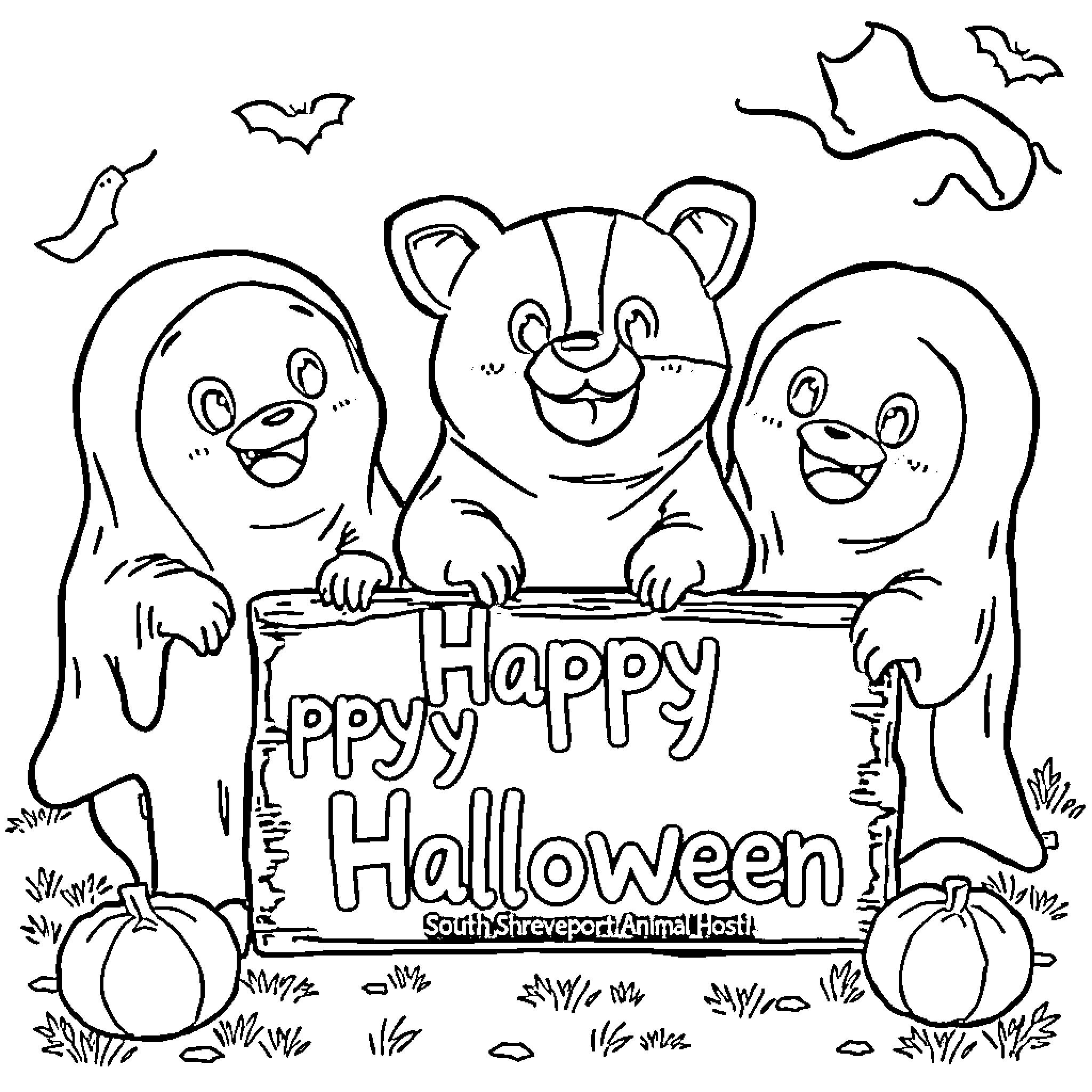 Animal characters celebrating happy halloween Coloring Page (free black-and-white line drawing printable PDF for all, from beginners to advanced learners, including children, teens, adults, and seniors)