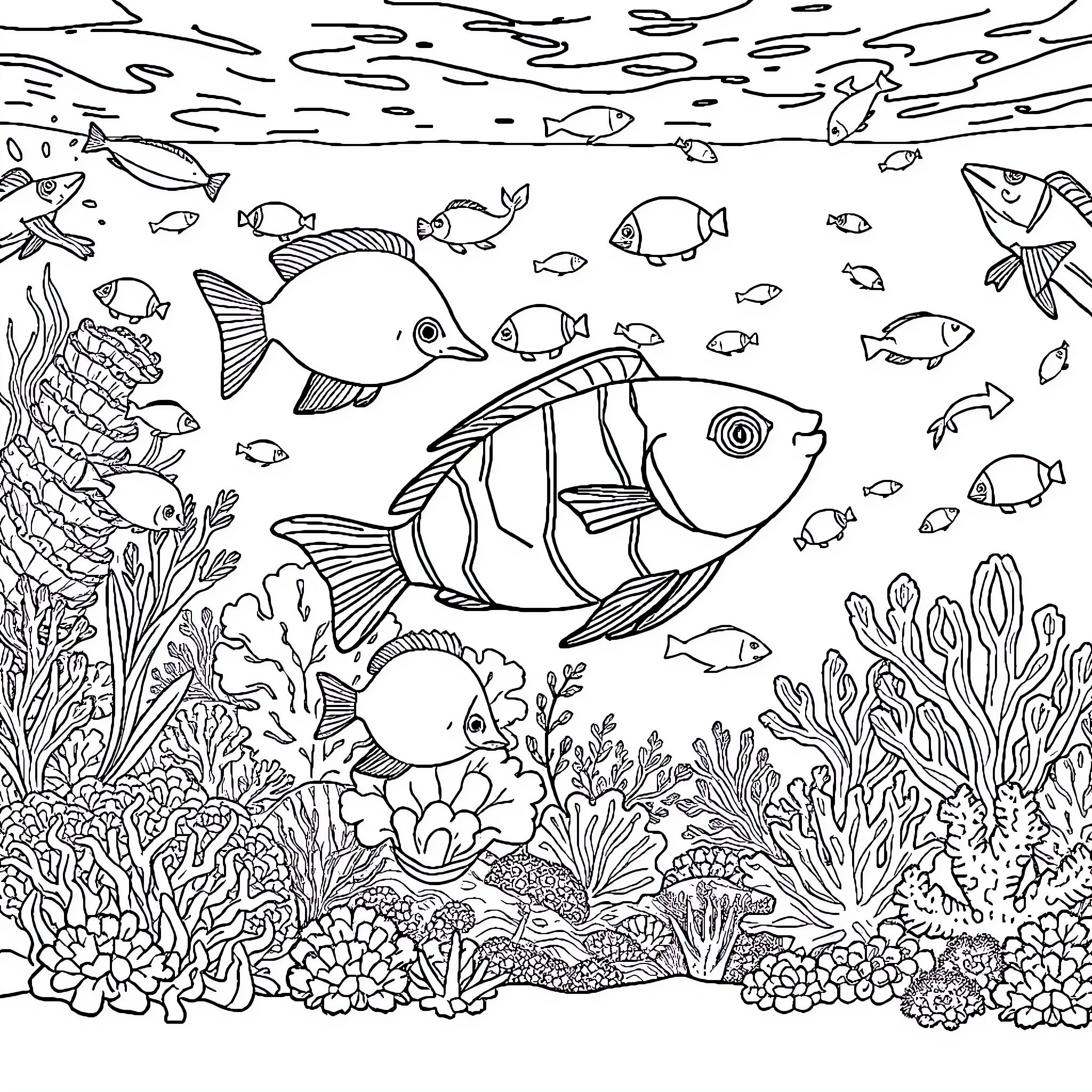 Aquarium with colorful fish and coral reef Coloring Page (free black-and-white line drawing printable PDF for all, from beginners to advanced learners, including children, teens, adults, and seniors)