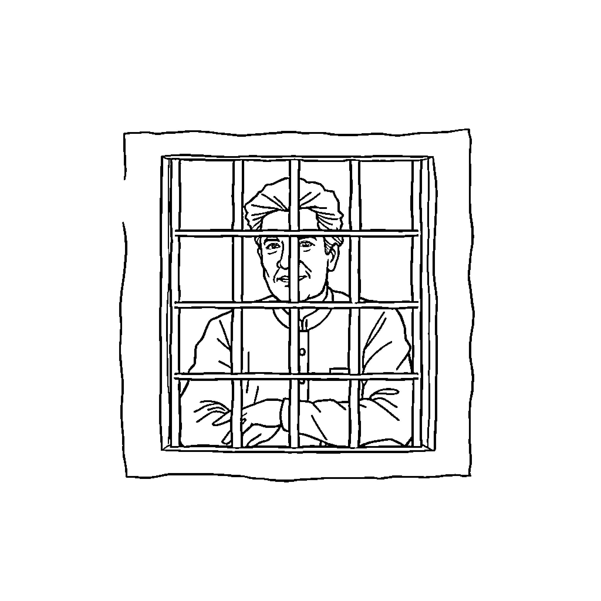 Imran Khan imprisoned behind bars Coloring Page (free black-and-white line drawing printable PDF for all, from beginners to advanced learners, including children, teens, adults, and seniors)