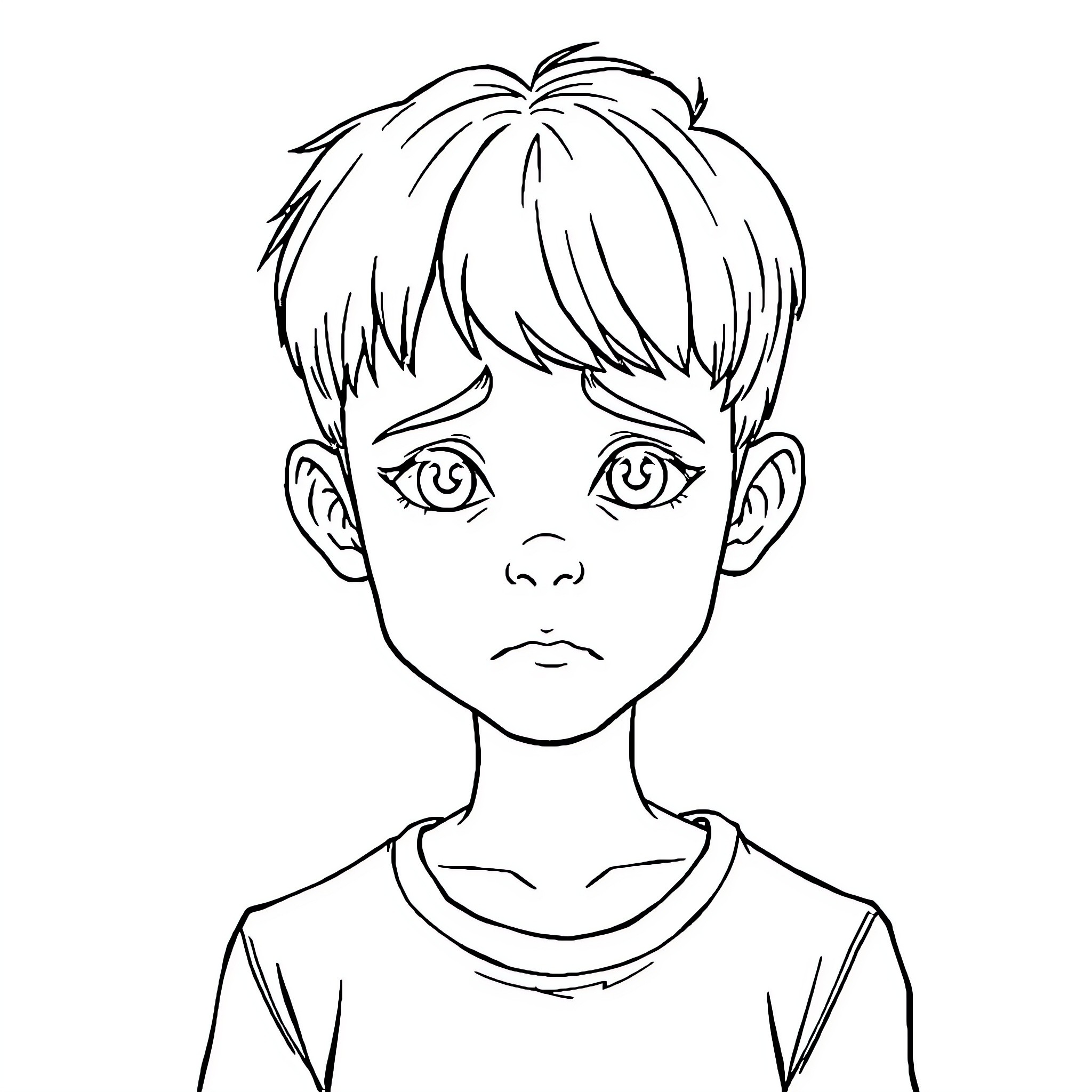 Boy with serious facial expression Coloring Page (free black-and-white line drawing printable PDF for all, from beginners to advanced learners, including children, teens, adults, and seniors)