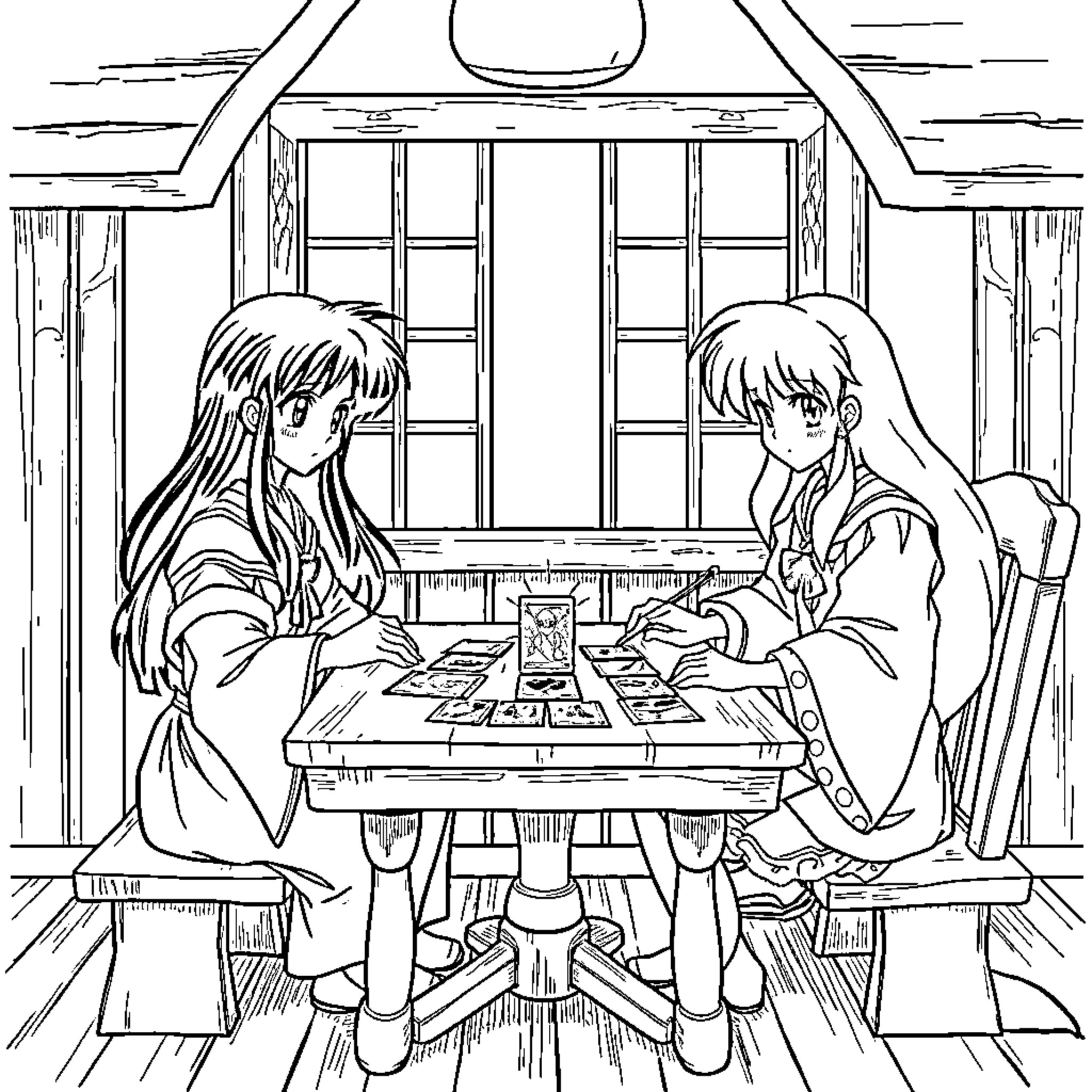 Inuyasha characters playing cards in traditional setting Coloring Page (free black-and-white line drawing printable PDF for all, from beginners to advanced learners, including children, teens, adults, and seniors)