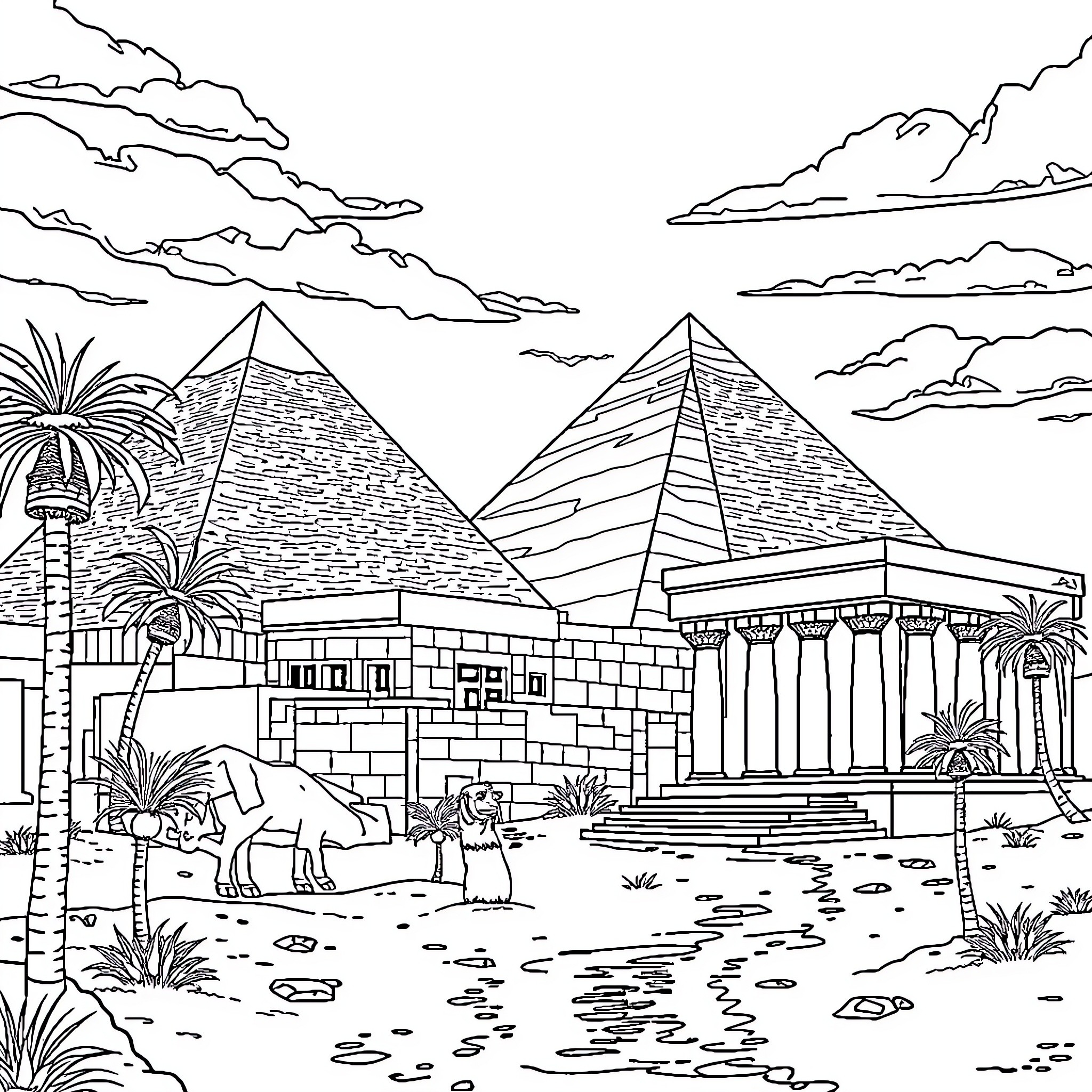 Pharaoh's Ancient Egyptian Pyramids and Palace Coloring Page (free black-and-white line drawing printable PDF for all, from beginners to advanced learners, including children, teens, adults, and seniors)