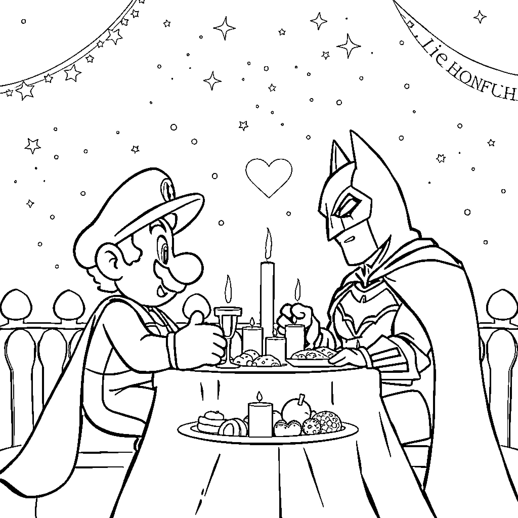 Super Mario and Batman Enjoying a Festive Meal Coloring Page (free black-and-white line drawing printable PDF for all, from beginners to advanced learners, including children, teens, adults, and seniors)
